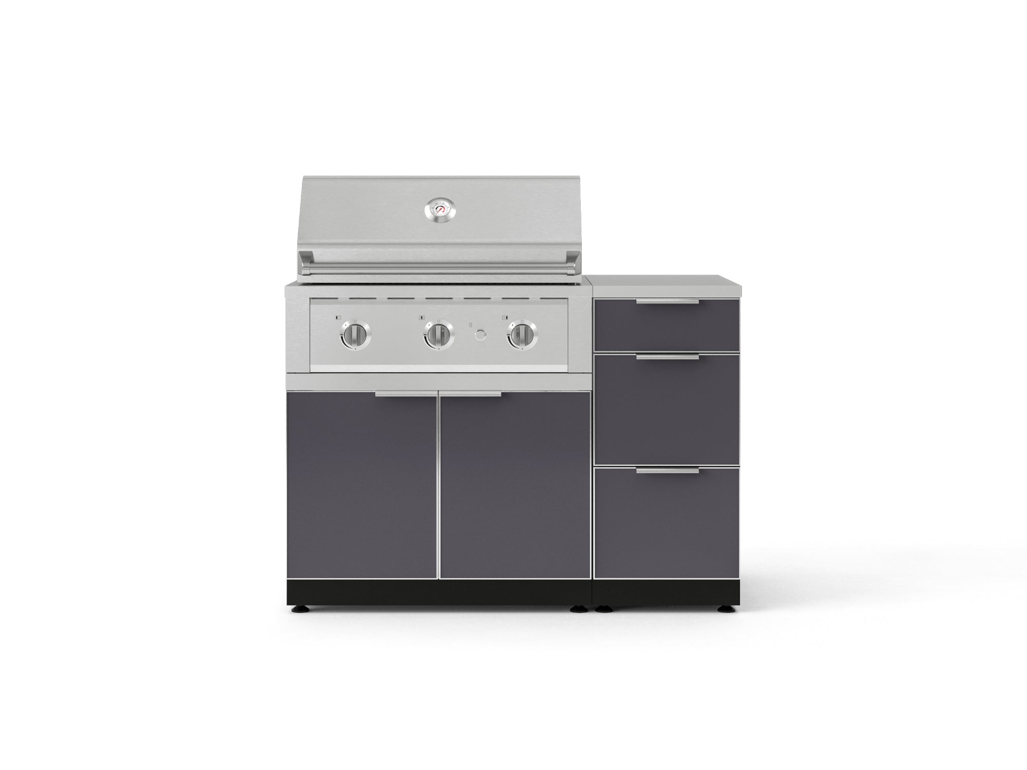 Outdoor Grill Island Aluminum 4 Piece Cabinet Set with 3-Drawer, Grill Cabinet, Performance Grill and Countertop