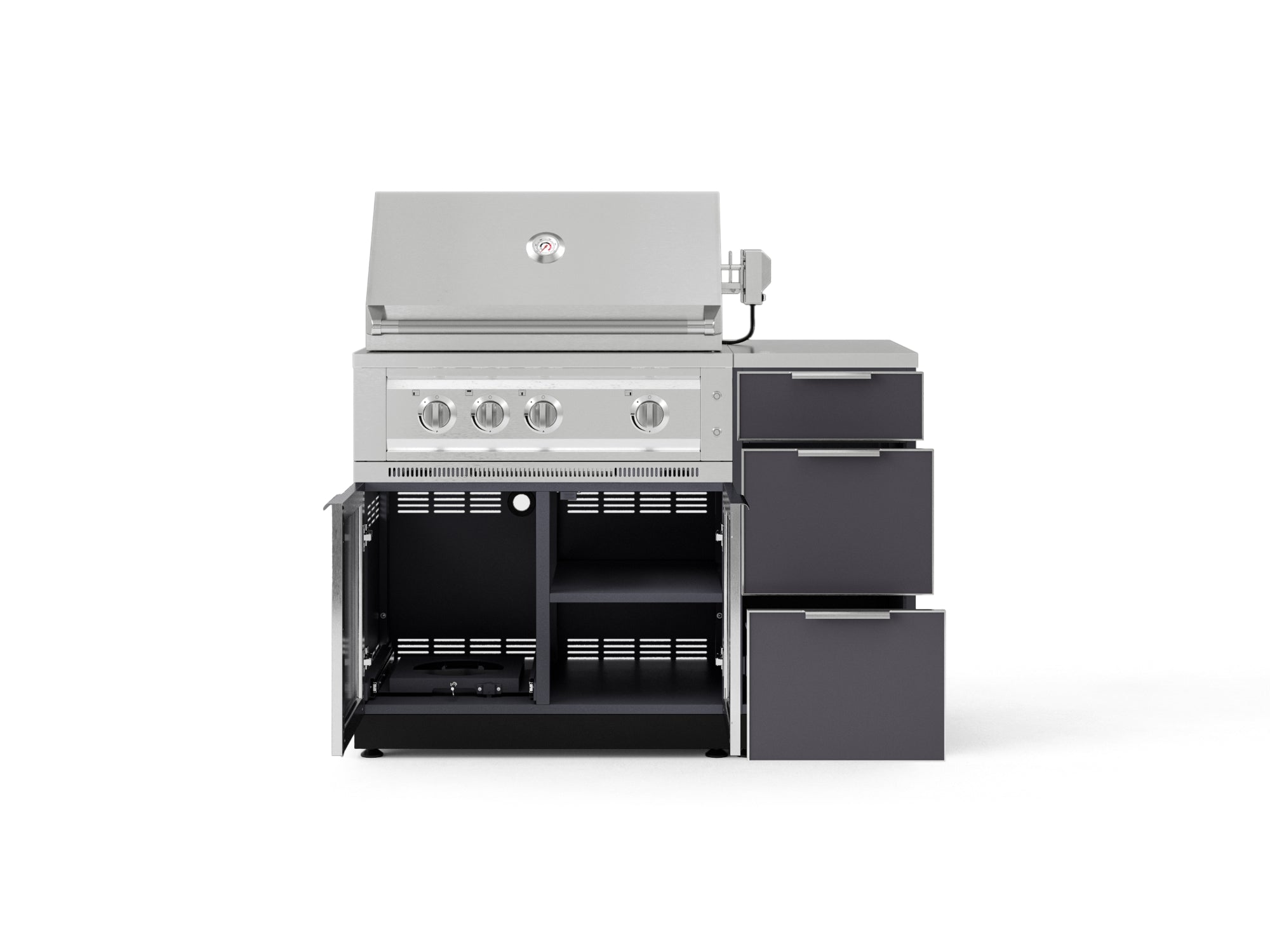 Outdoor Grill Island Aluminum 4 Piece Cabinet Set with 3-Drawer, Grill Cabinet, Performance Grill and Countertop
