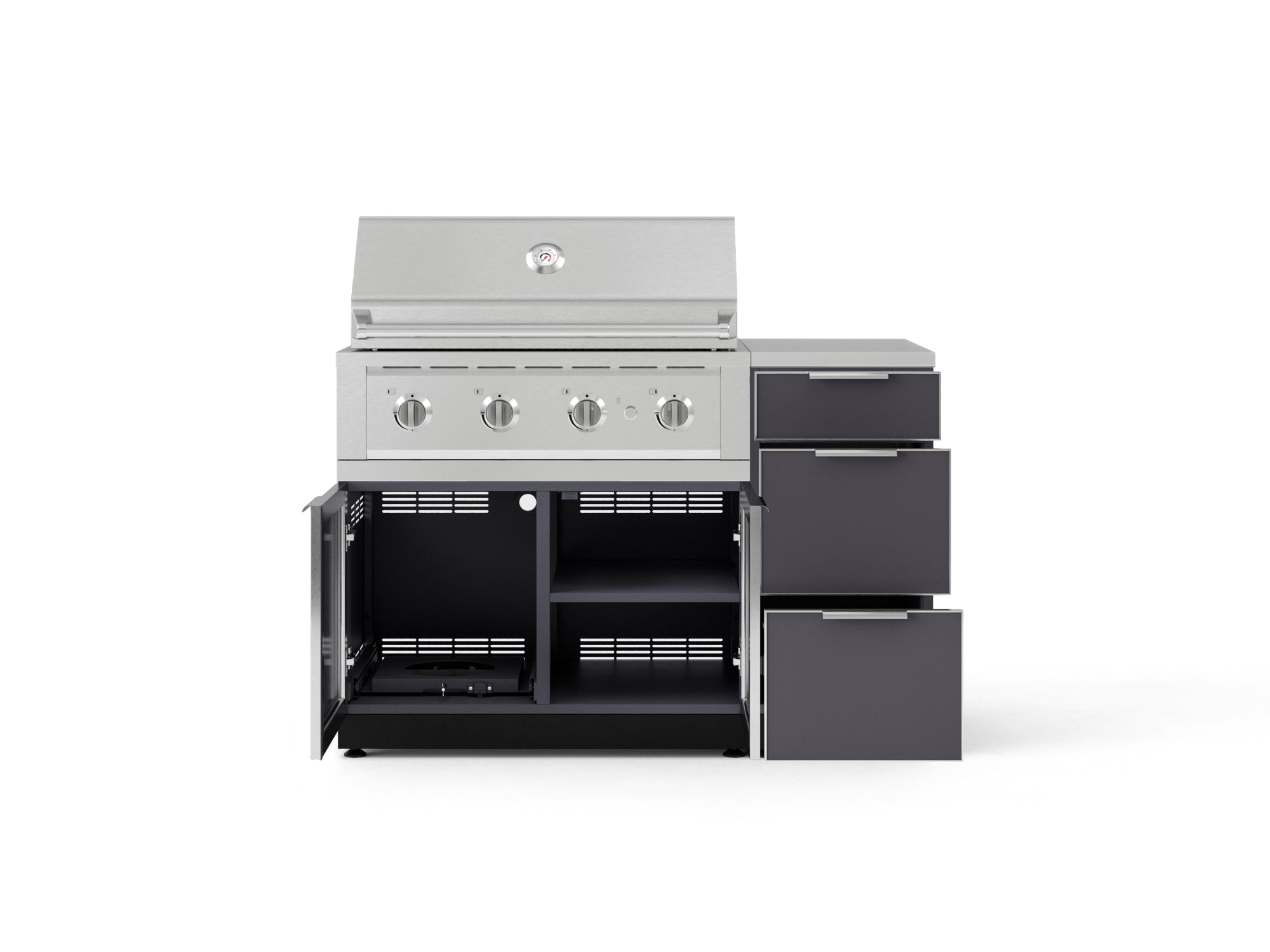 Outdoor Grill Island Aluminum 4 Piece Cabinet Set with 3-Drawer, Grill Cabinet, Performance Grill and Countertop