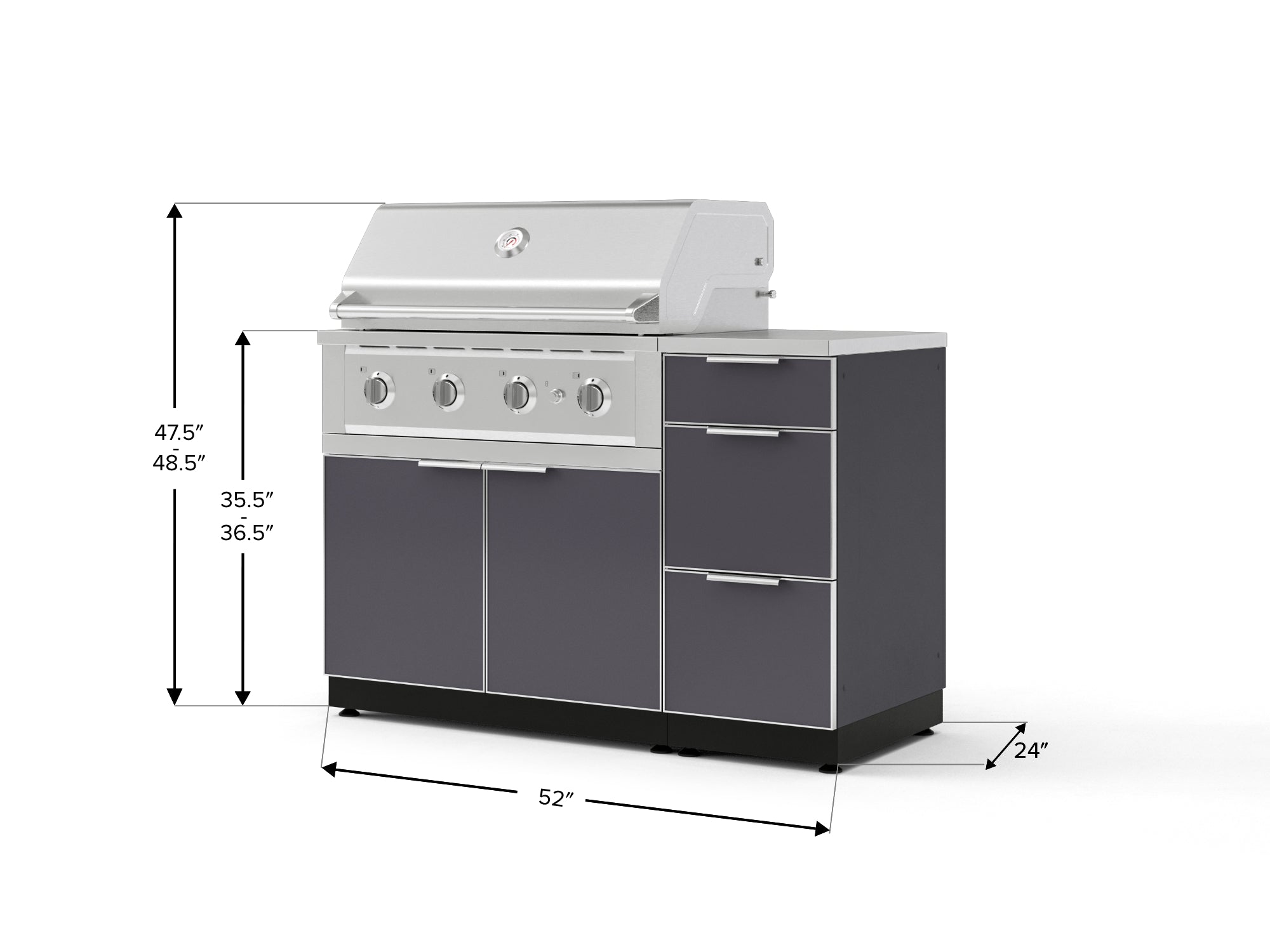 Outdoor Grill Island Aluminum 4 Piece Cabinet Set with 3-Drawer, Grill Cabinet, Performance Grill and Countertop