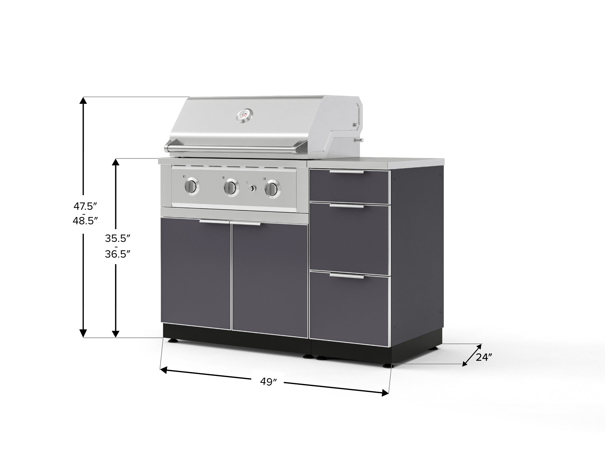Outdoor Grill Island Aluminum 4 Piece Cabinet Set with 3-Drawer, Grill Cabinet, Performance Grill and Countertop