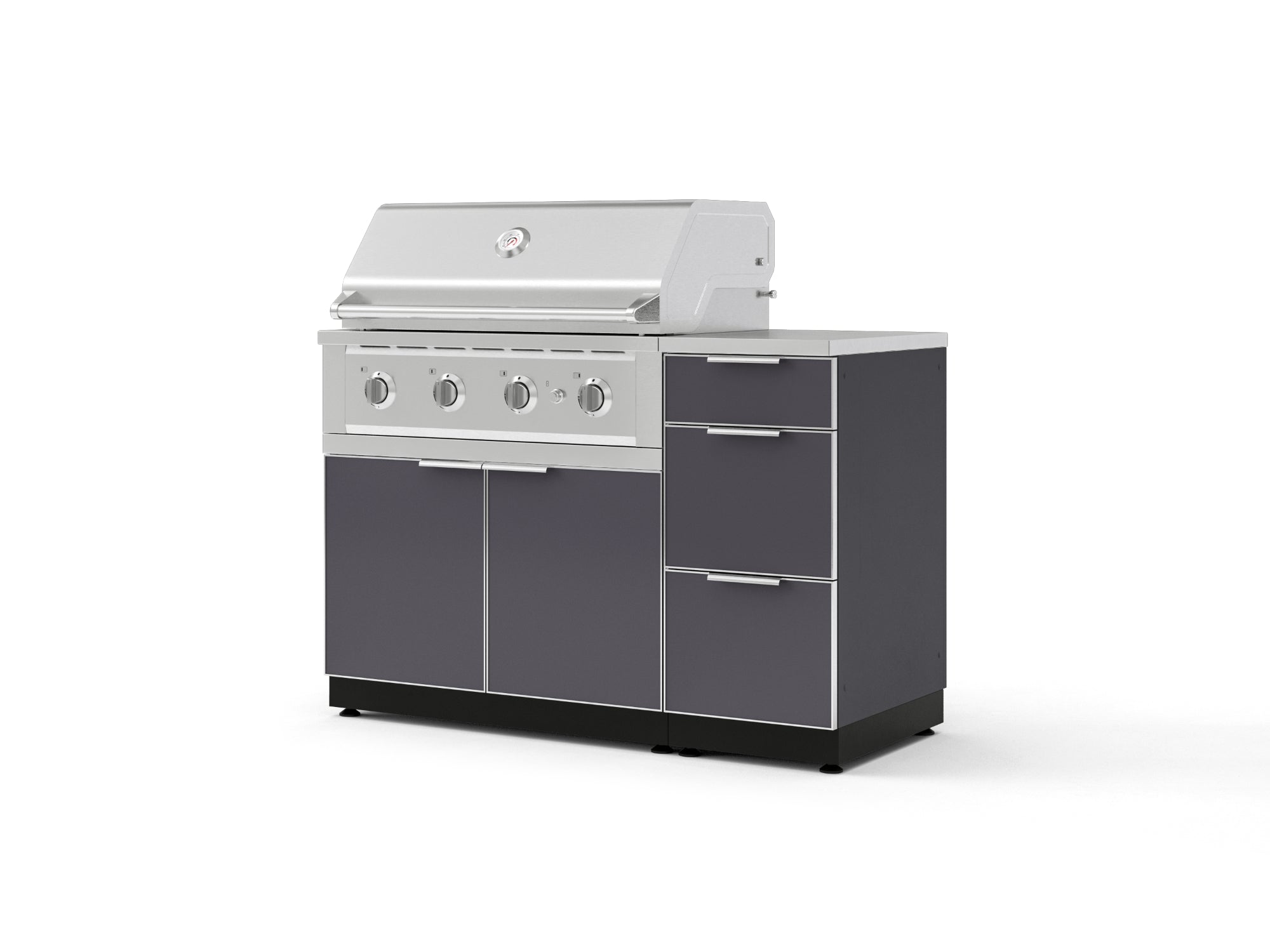 Outdoor Grill Island Aluminum 4 Piece Cabinet Set with 3-Drawer, Grill Cabinet, Performance Grill and Countertop