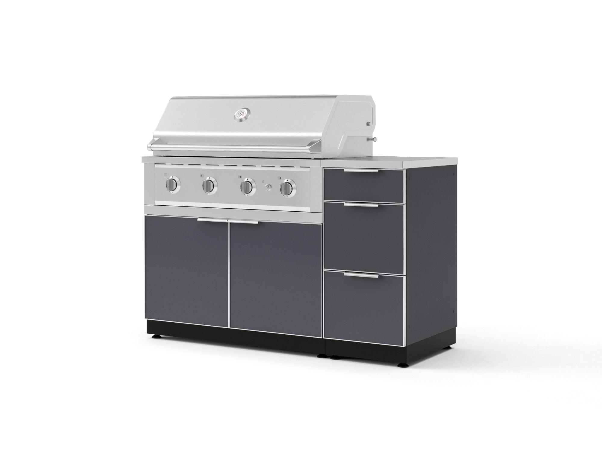 Outdoor Grill Island Aluminum 4 Piece Cabinet Set with 3-Drawer, Grill Cabinet, Performance Grill and Countertop