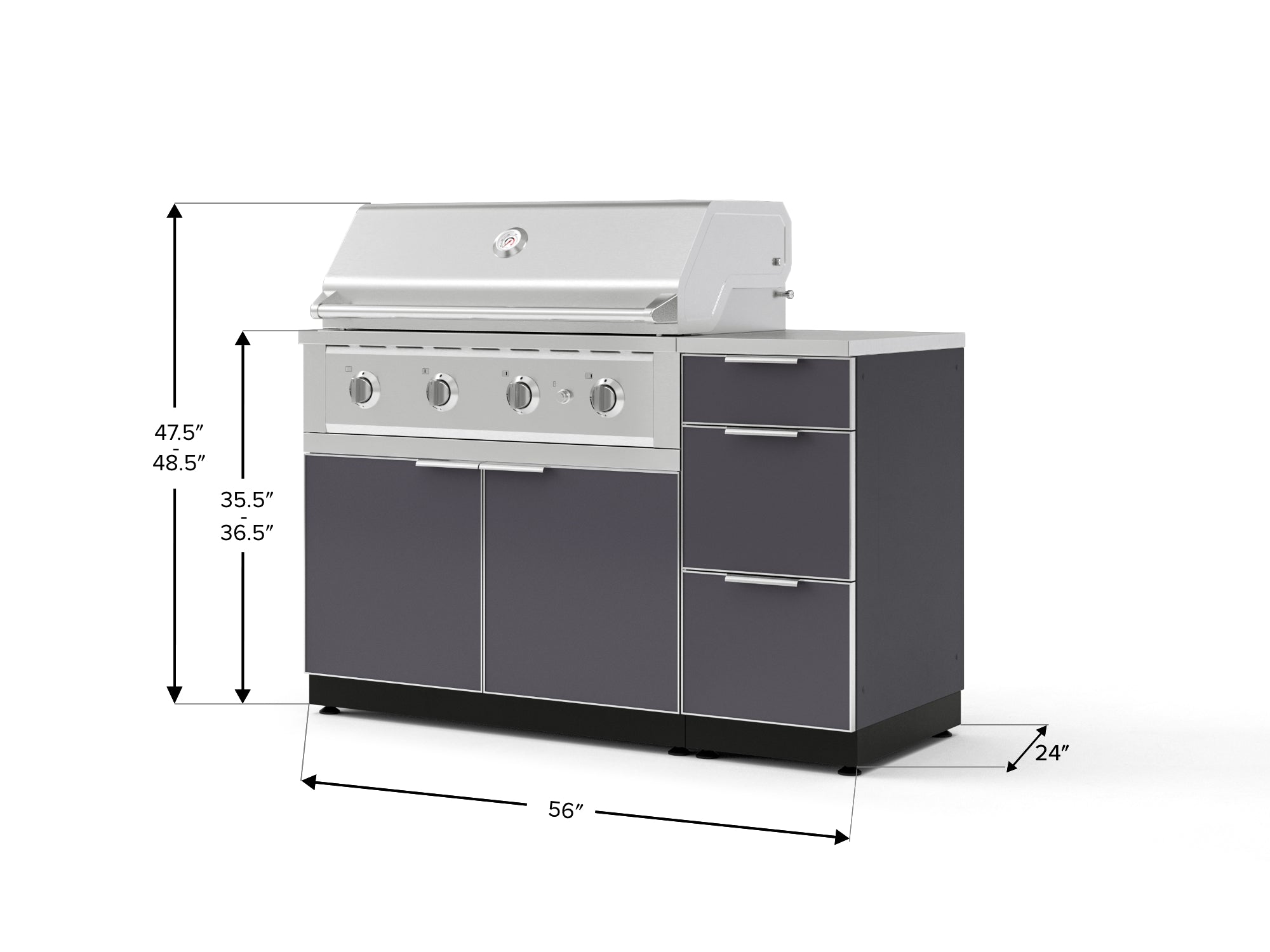 Outdoor Grill Island Aluminum 4 Piece Cabinet Set with 3-Drawer, Grill Cabinet, Performance Grill and Countertop
