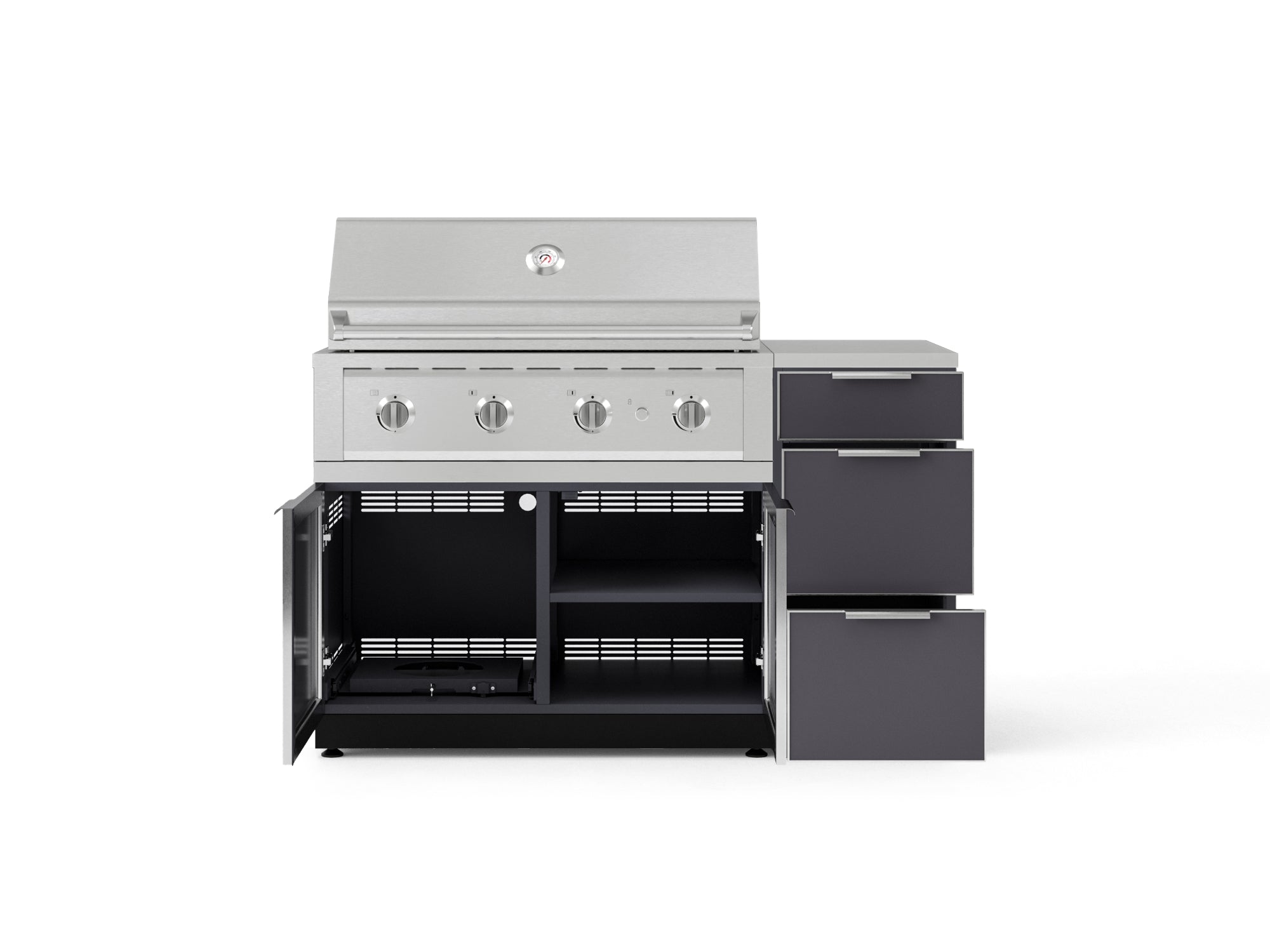 Outdoor Grill Island Aluminum 4 Piece Cabinet Set with 3-Drawer, Grill Cabinet, Performance Grill and Countertop