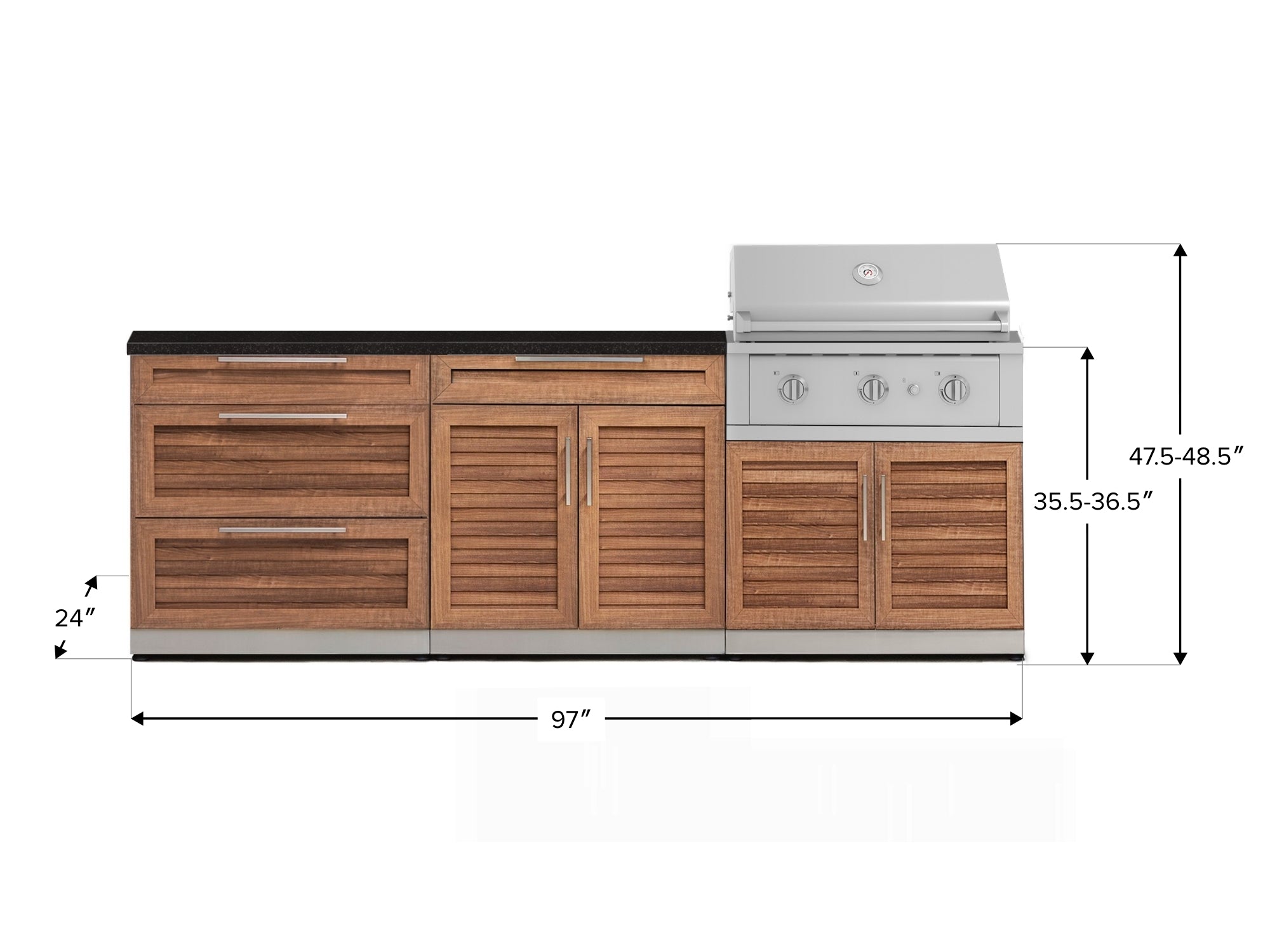 Outdoor Kitchen Stainless-Steel Louvered Doors 5 Piece Cabinet Set with 3 Drawer, 2-Door with Drawer, Performance Grill, Grill Cabinet and Countertop