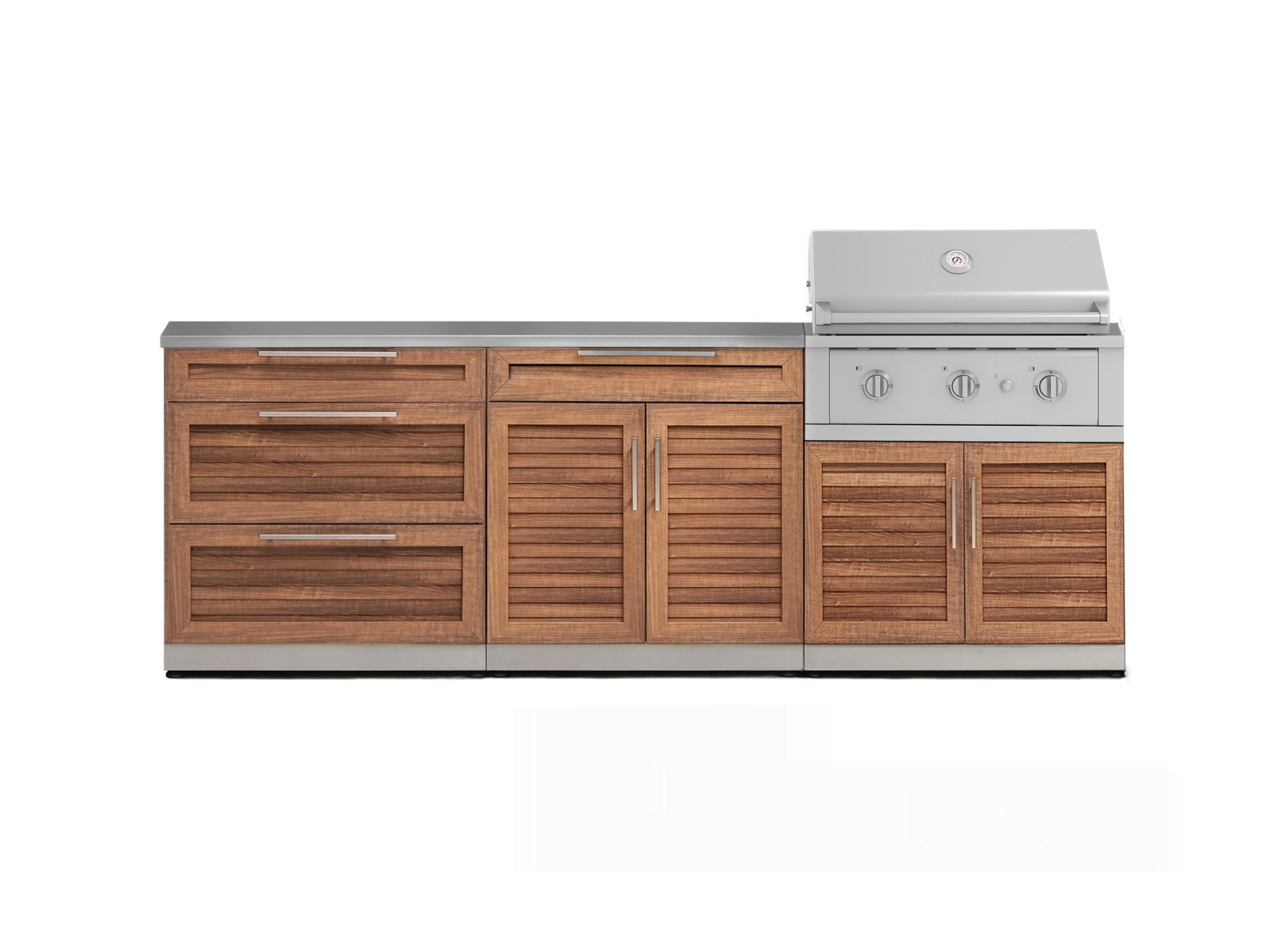 Outdoor Kitchen Stainless-Steel Louvered Doors 5 Piece Cabinet Set with 3 Drawer, 2-Door with Drawer, Performance Grill, Grill Cabinet and Countertop