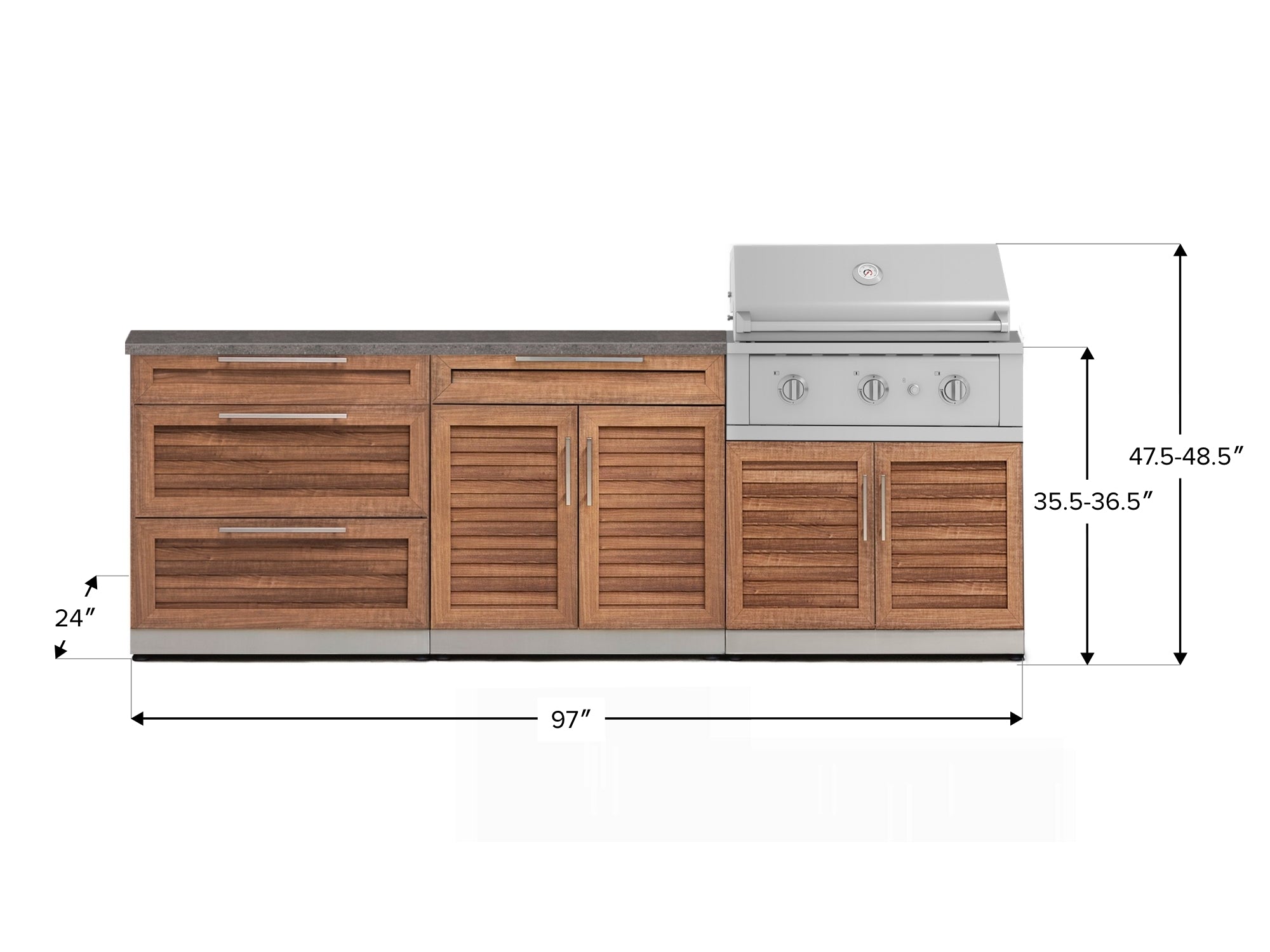 Outdoor Kitchen Stainless-Steel Louvered Doors 5 Piece Cabinet Set with 3 Drawer, 2-Door with Drawer, Performance Grill, Grill Cabinet and Countertop