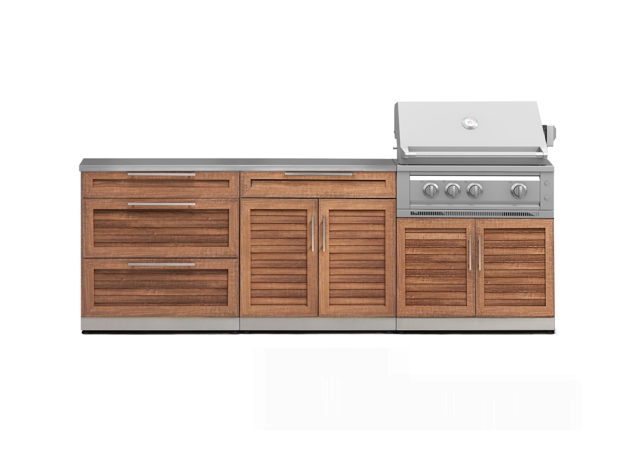 Outdoor Kitchen Stainless-Steel Louvered Doors 5 Piece Cabinet Set with 3 Drawer, 2-Door with Drawer, Grill Cabinet, Platinum Grill and Countertop
