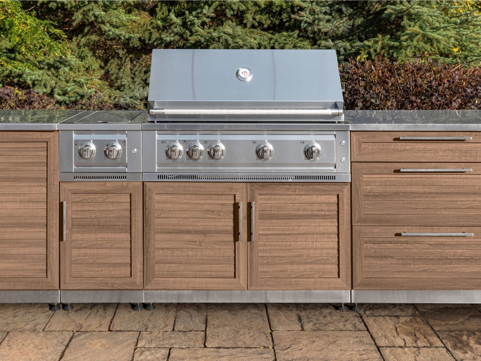 Outdoor Kitchen Stainless-Steel Louvered Doors 7 Piece Cabinet Set with 2 Door, Bar, Corner, Grill Cabinet, Performance Grill, and Countertops