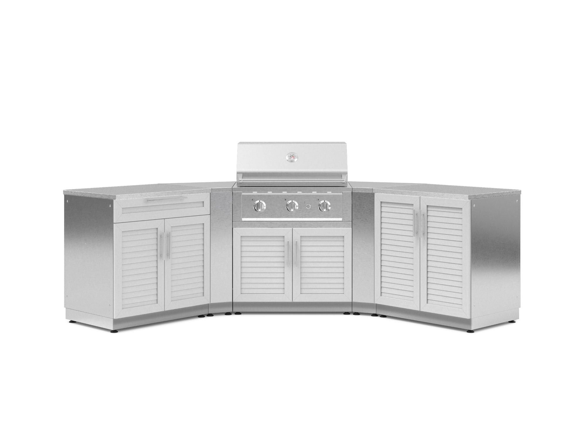Outdoor Kitchen Stainless-Steel Louvered Doors 7 Piece Cabinet Set with 2 Door, Bar, Corner, Grill Cabinet, Performance Grill, and Countertops