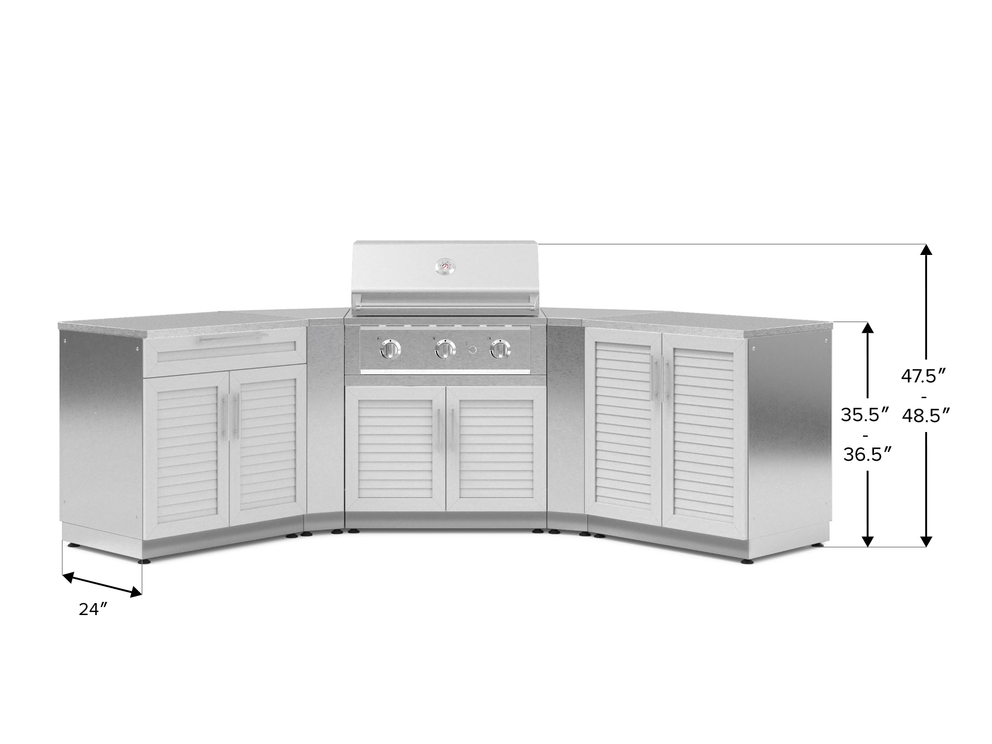 Outdoor Kitchen Stainless-Steel Louvered Doors 7 Piece Cabinet Set with 2 Door, Bar, Corner, Grill Cabinet, Performance Grill, and Countertops