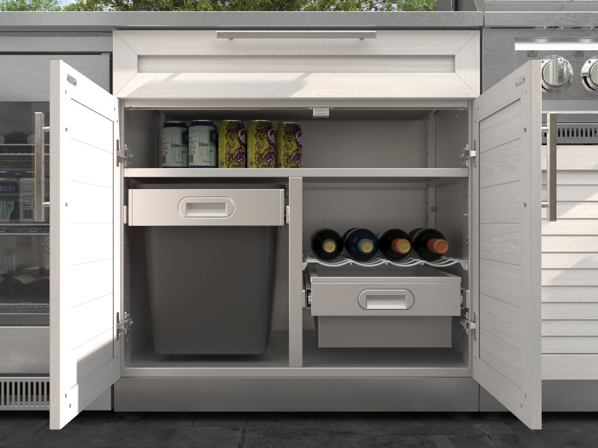 Outdoor Kitchen Stainless-Steel Louvered Doors 7 Piece Cabinet Set with 2 Door, Bar, Corner, Grill Cabinet, Performance Grill, and Countertops