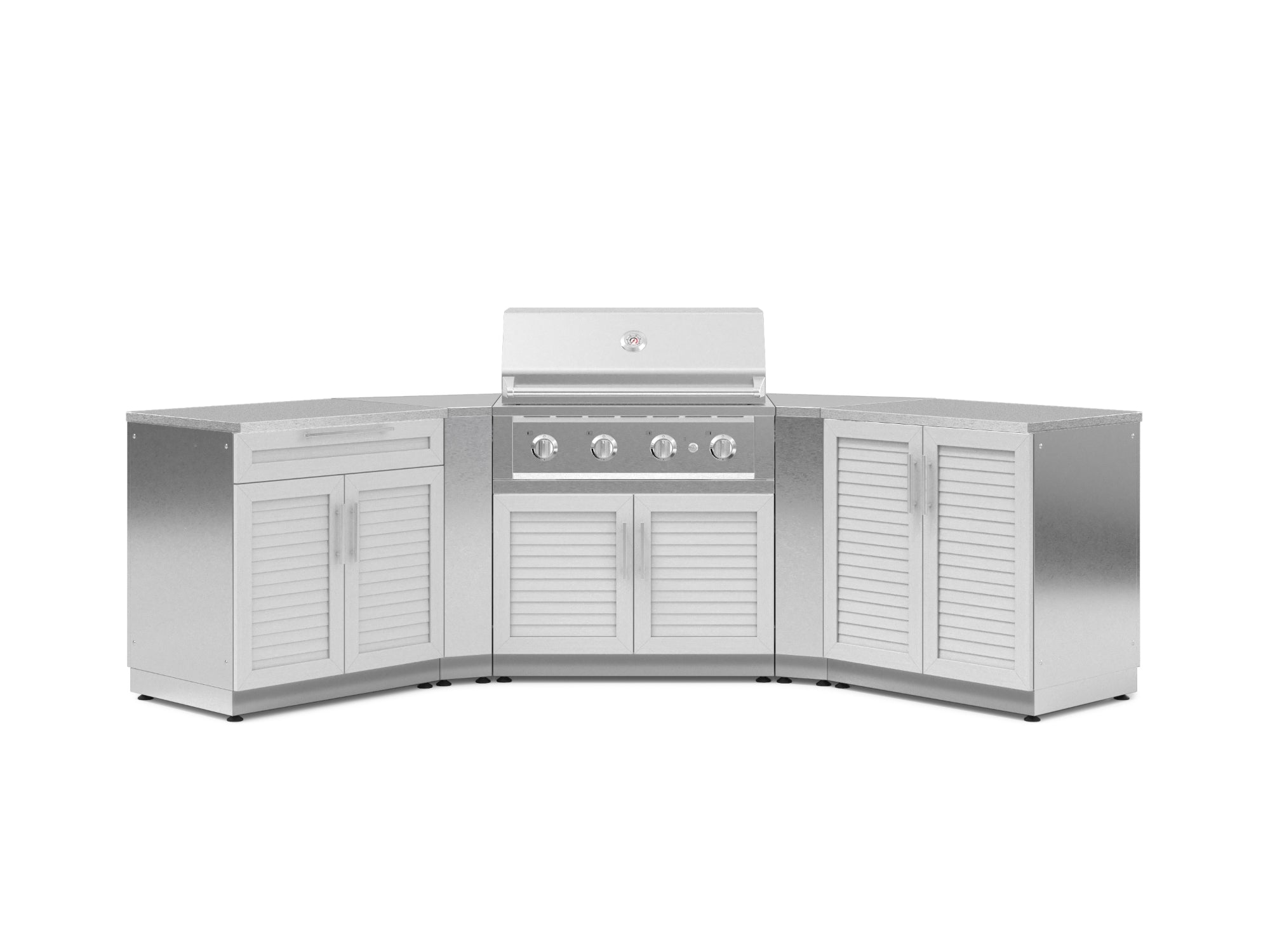 Outdoor Kitchen Stainless-Steel Louvered Doors 7 Piece Cabinet Set with 2 Door, Bar, Corner, Grill Cabinet, Performance Grill, and Countertops