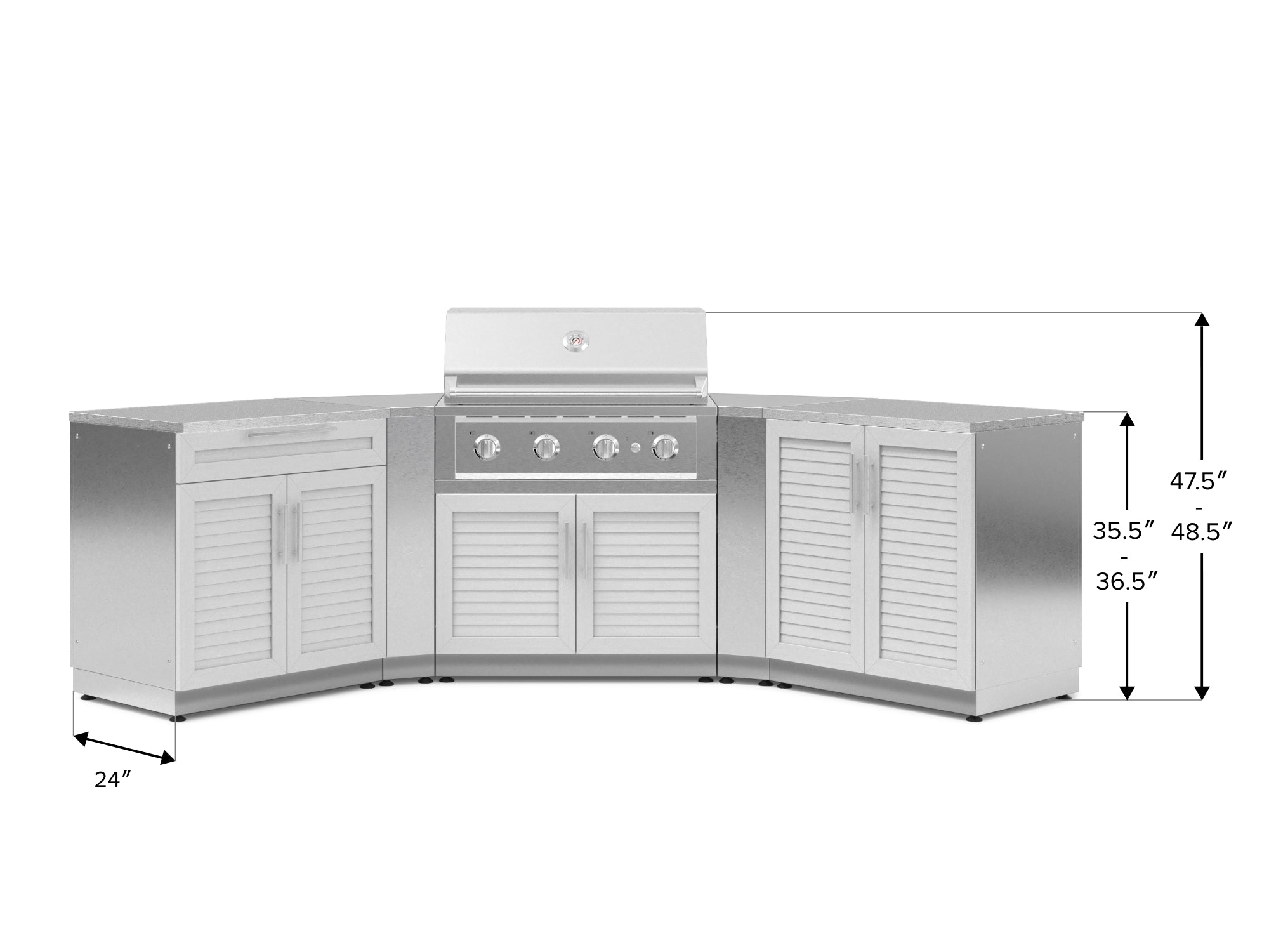 Outdoor Kitchen Stainless-Steel Louvered Doors 7 Piece Cabinet Set with 2 Door, Bar, Corner, Grill Cabinet, Performance Grill, and Countertops