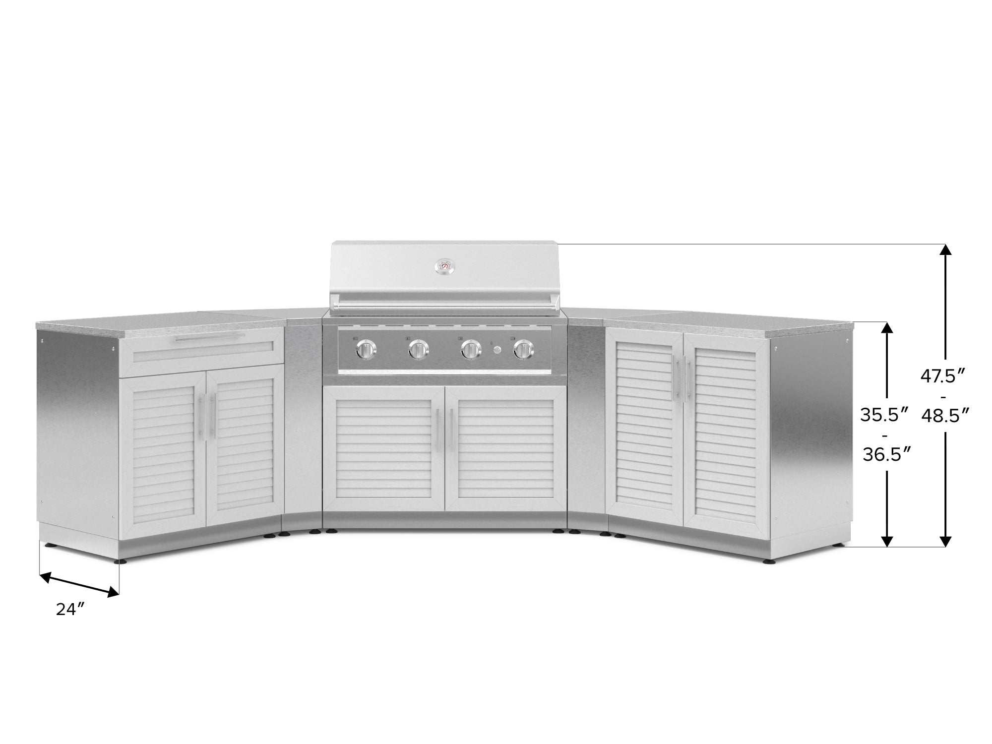 Outdoor Kitchen Stainless-Steel Louvered Doors 7 Piece Cabinet Set with 2 Door, Bar, Corner, Grill Cabinet, Performance Grill, and Countertops