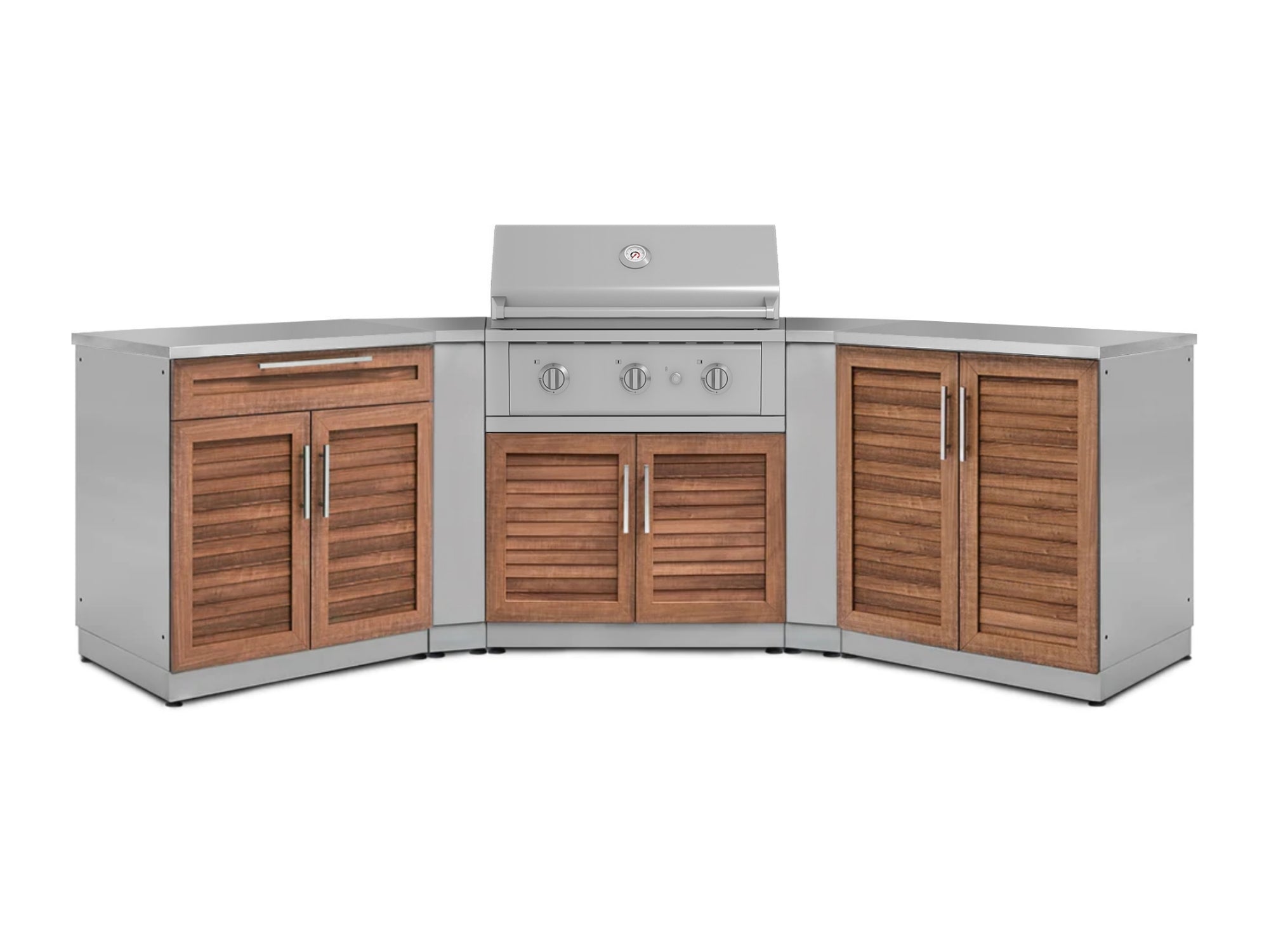 Outdoor Kitchen Stainless-Steel Louvered Doors 7 Piece Cabinet Set with 2 Door, Bar, Corner, Grill Cabinet, Performance Grill, and Countertops
