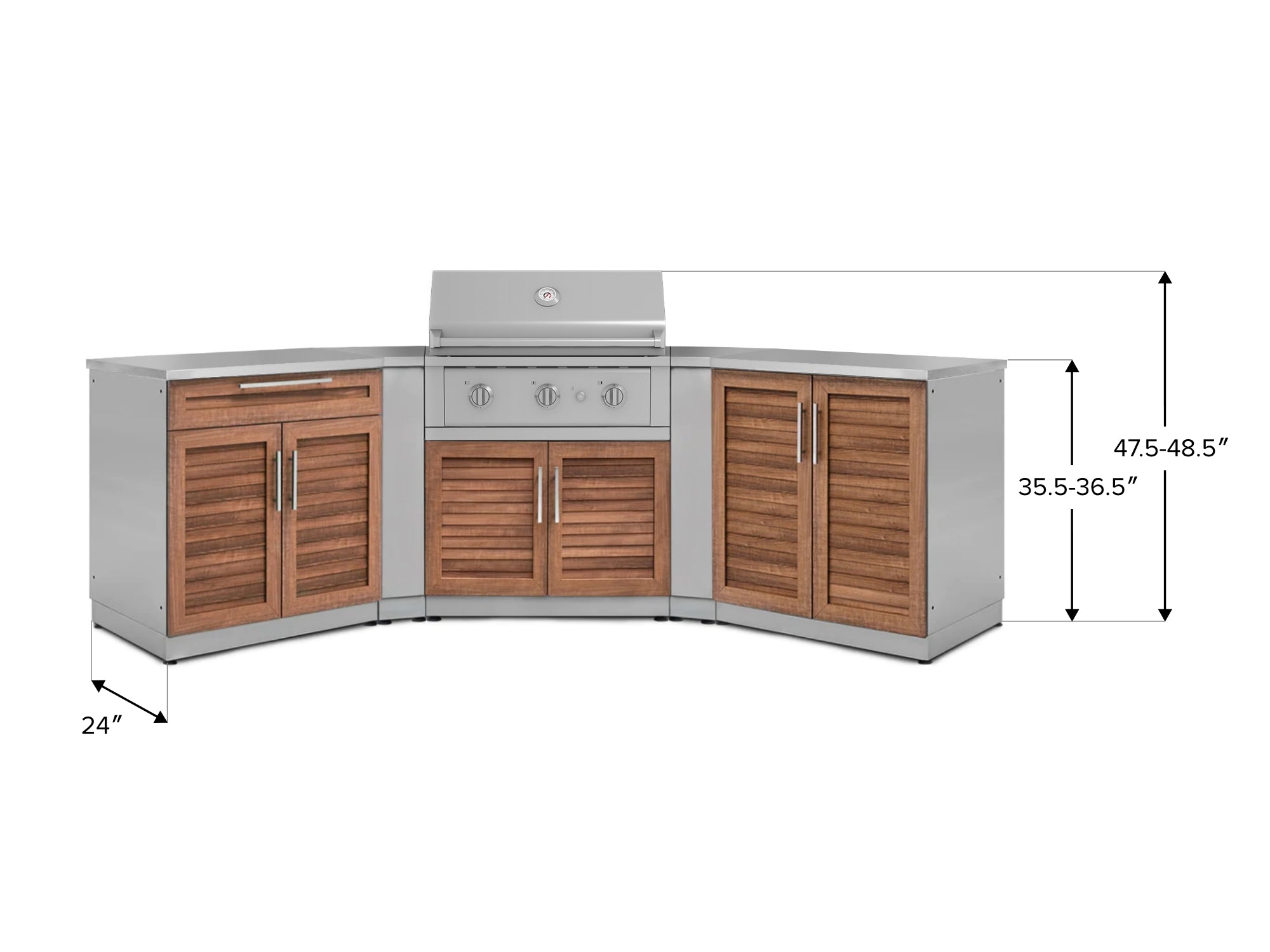 Outdoor Kitchen Stainless-Steel Louvered Doors 7 Piece Cabinet Set with 2 Door, Bar, Corner, Grill Cabinet, Performance Grill, and Countertops
