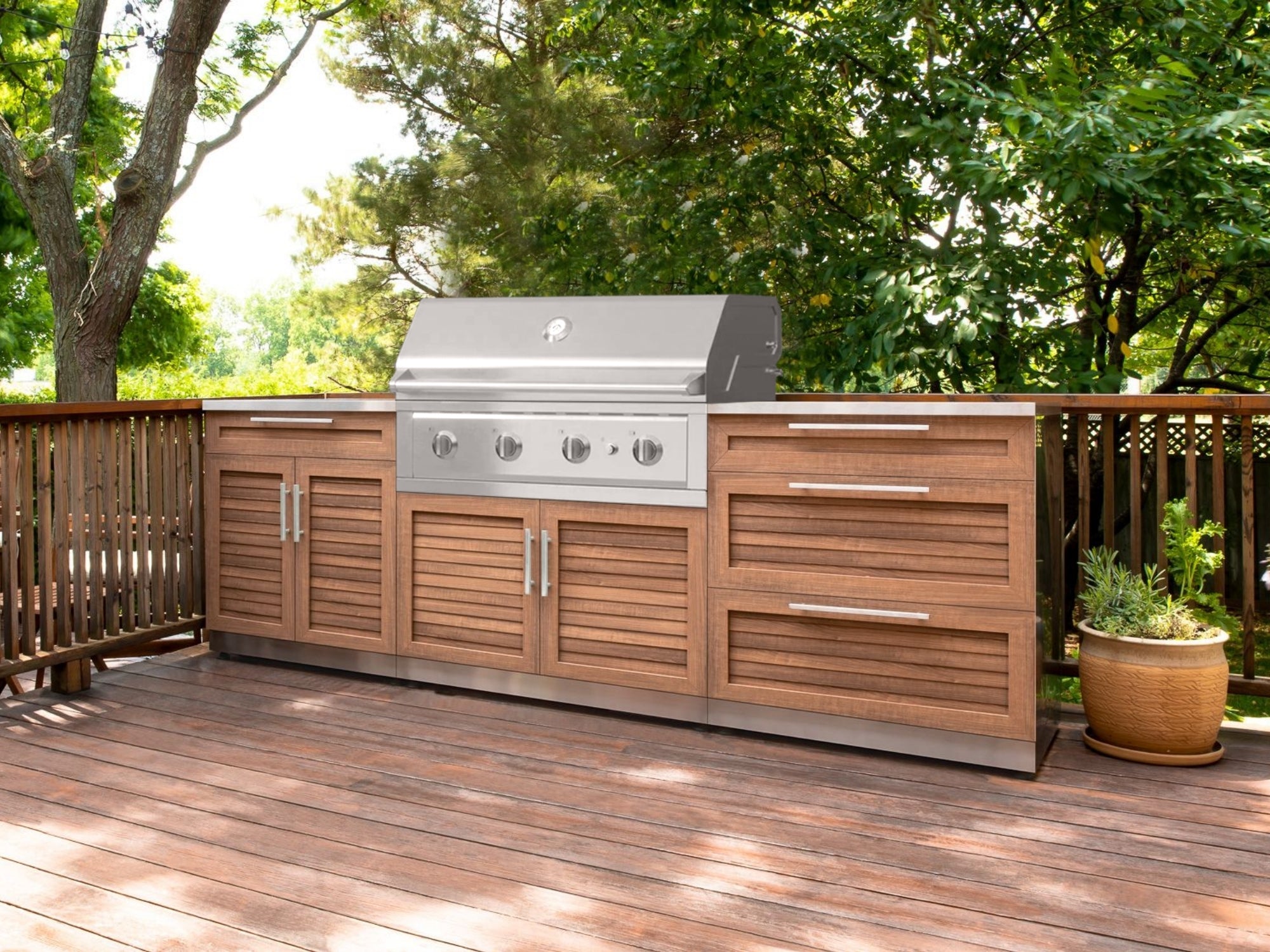 Outdoor Kitchen Stainless-Steel Louvered Doors 7 Piece Cabinet Set with 2 Door, Bar, Corner, Grill Cabinet, Performance Grill, and Countertops