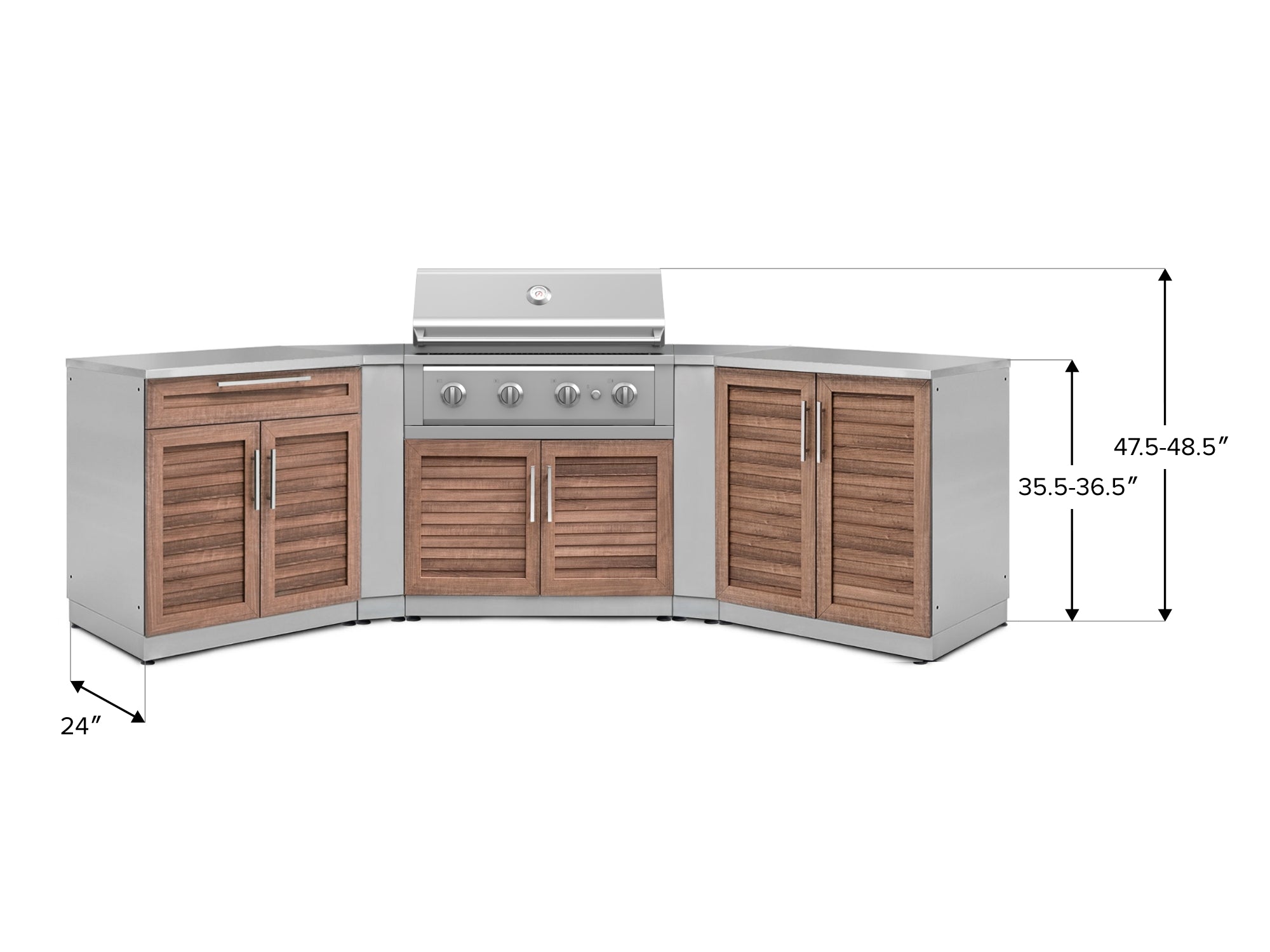 Outdoor Kitchen Stainless-Steel Louvered Doors 7 Piece Cabinet Set with 2 Door, Bar, Corner, Grill Cabinet, Performance Grill, and Countertops