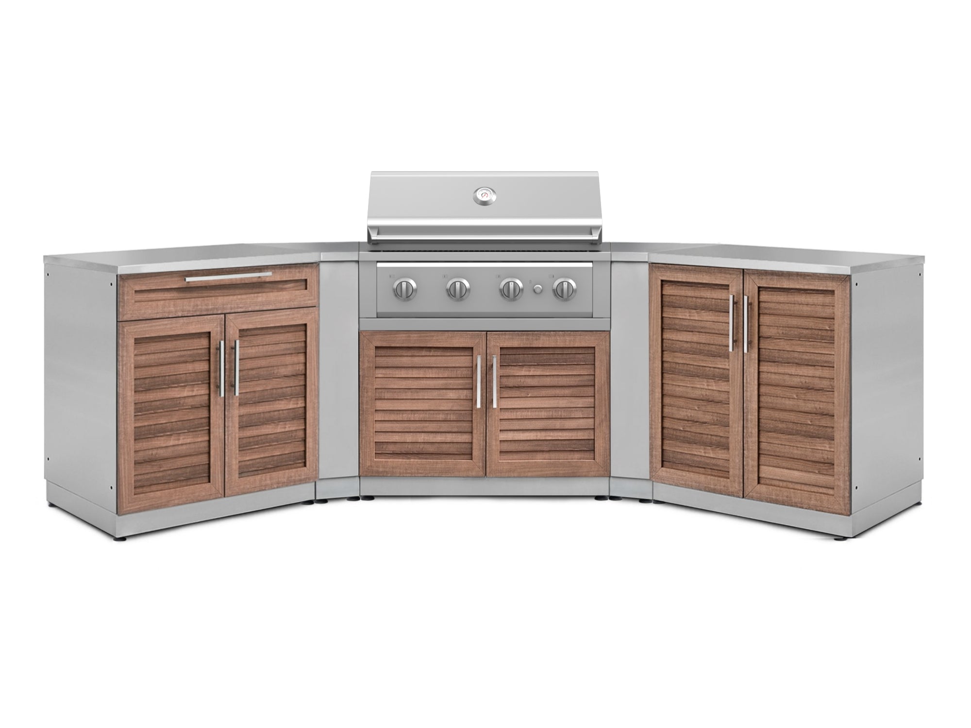 Outdoor Kitchen Stainless-Steel Louvered Doors 7 Piece Cabinet Set with 2 Door, Bar, Corner, Grill Cabinet, Performance Grill, and Countertops