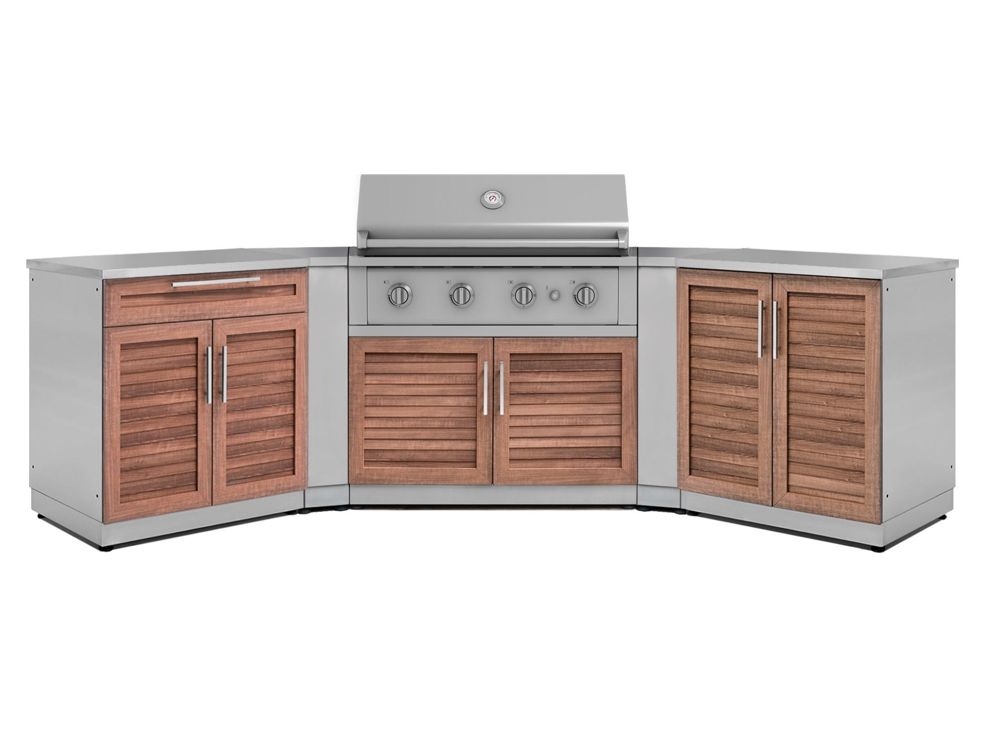 Outdoor Kitchen Stainless-Steel Louvered Doors 7 Piece Cabinet Set with 2 Door, Bar, Corner, Grill Cabinet, Performance Grill, and Countertops