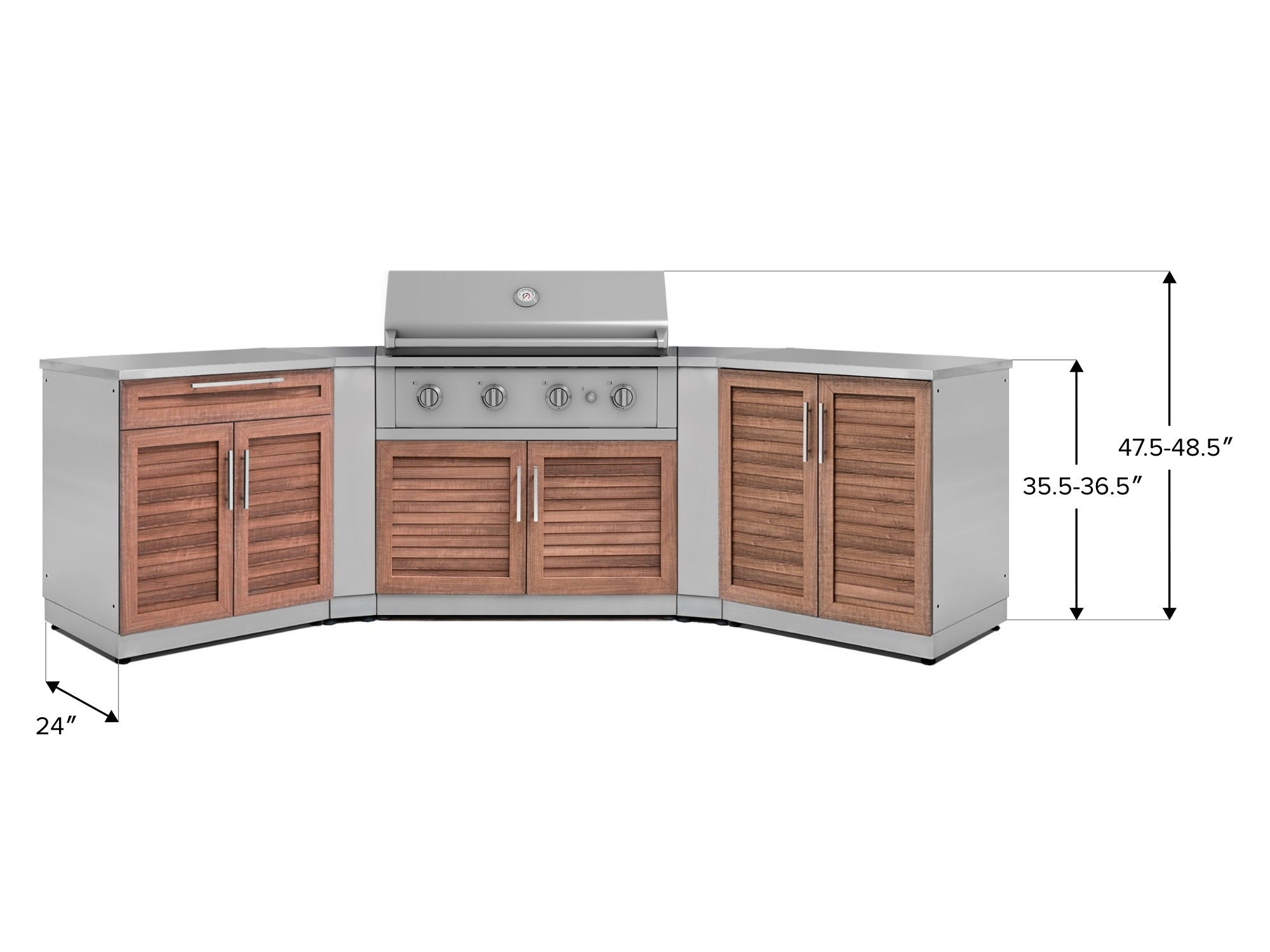 Outdoor Kitchen Stainless-Steel Louvered Doors 7 Piece Cabinet Set with 2 Door, Bar, Corner, Grill Cabinet, Performance Grill, and Countertops