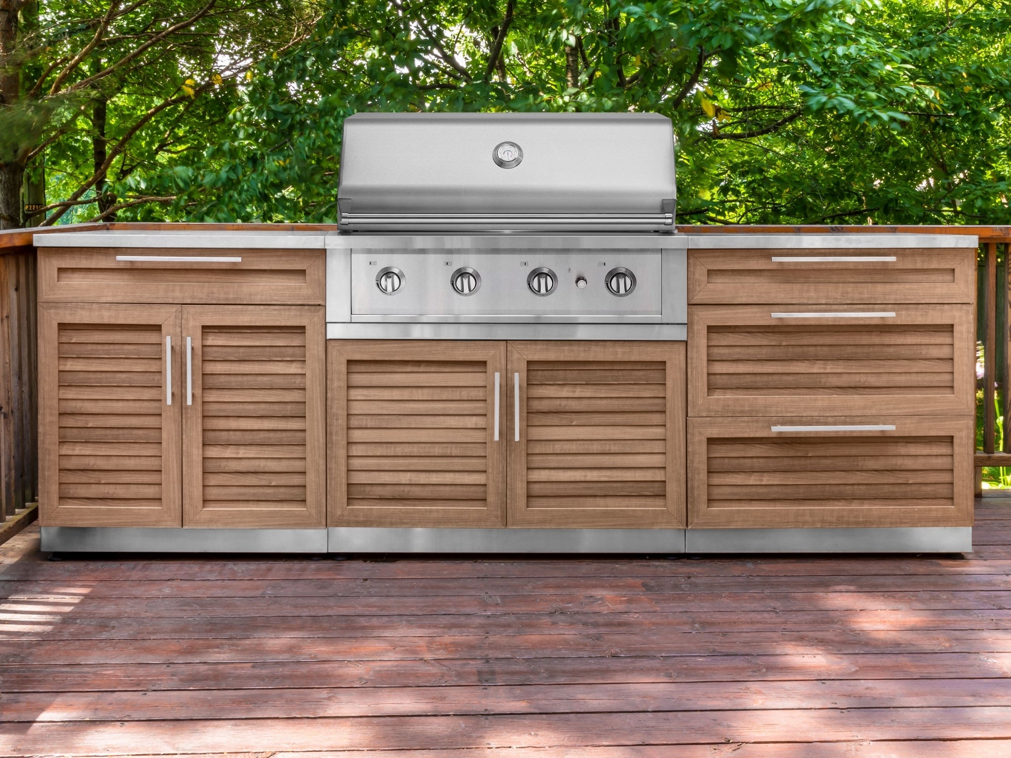 Outdoor Kitchen Stainless-Steel Louvered Doors 7 Piece Cabinet Set with 2 Door, Bar, Corner, Grill Cabinet, Performance Grill, and Countertops
