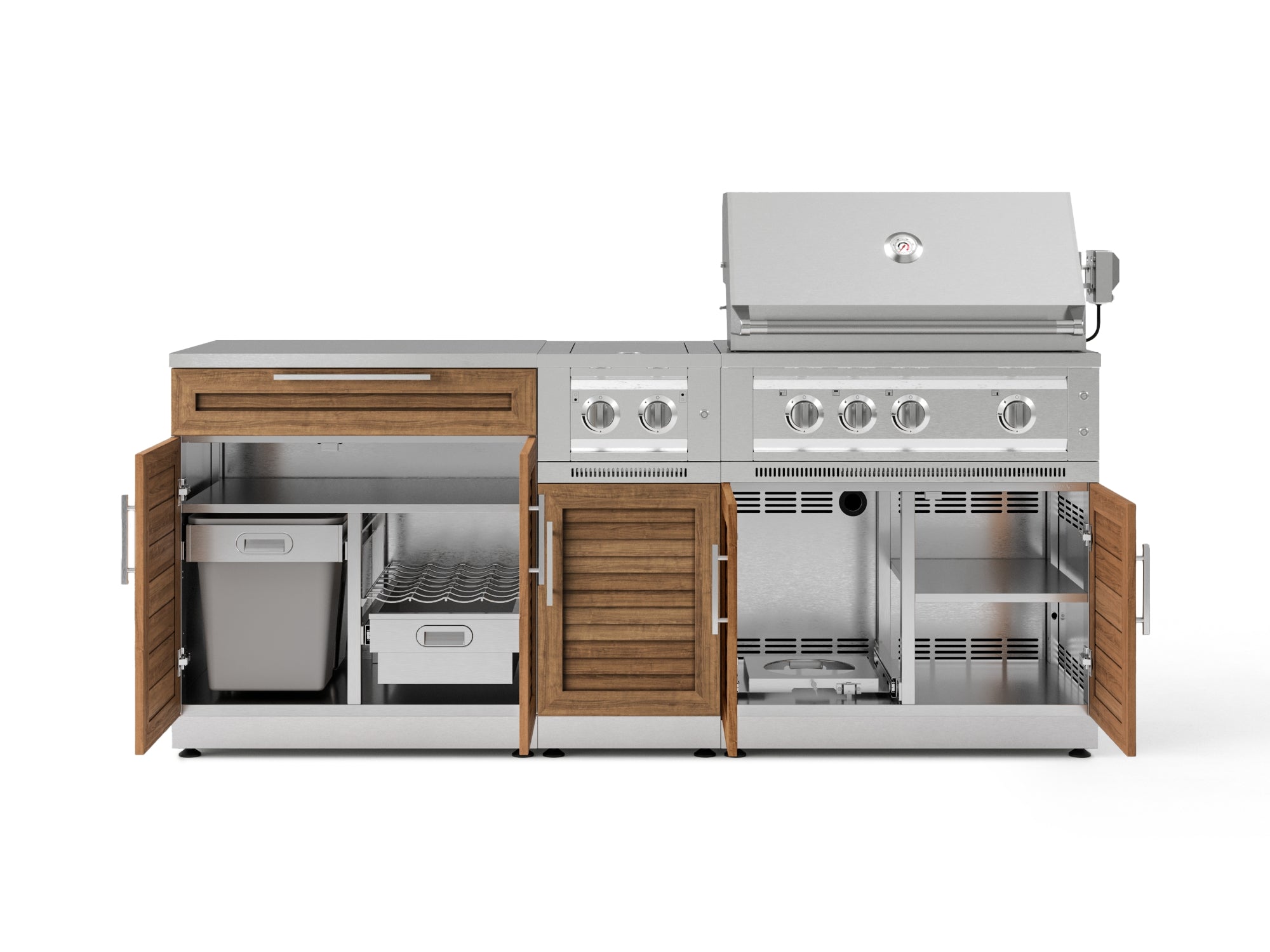 6-Piece SS Modular Outdoor Kitchen, Louvered Door, with Platinum Grill, Dual Side Burner, Bar and Grill Cabinet, Stainless Steel Countertop