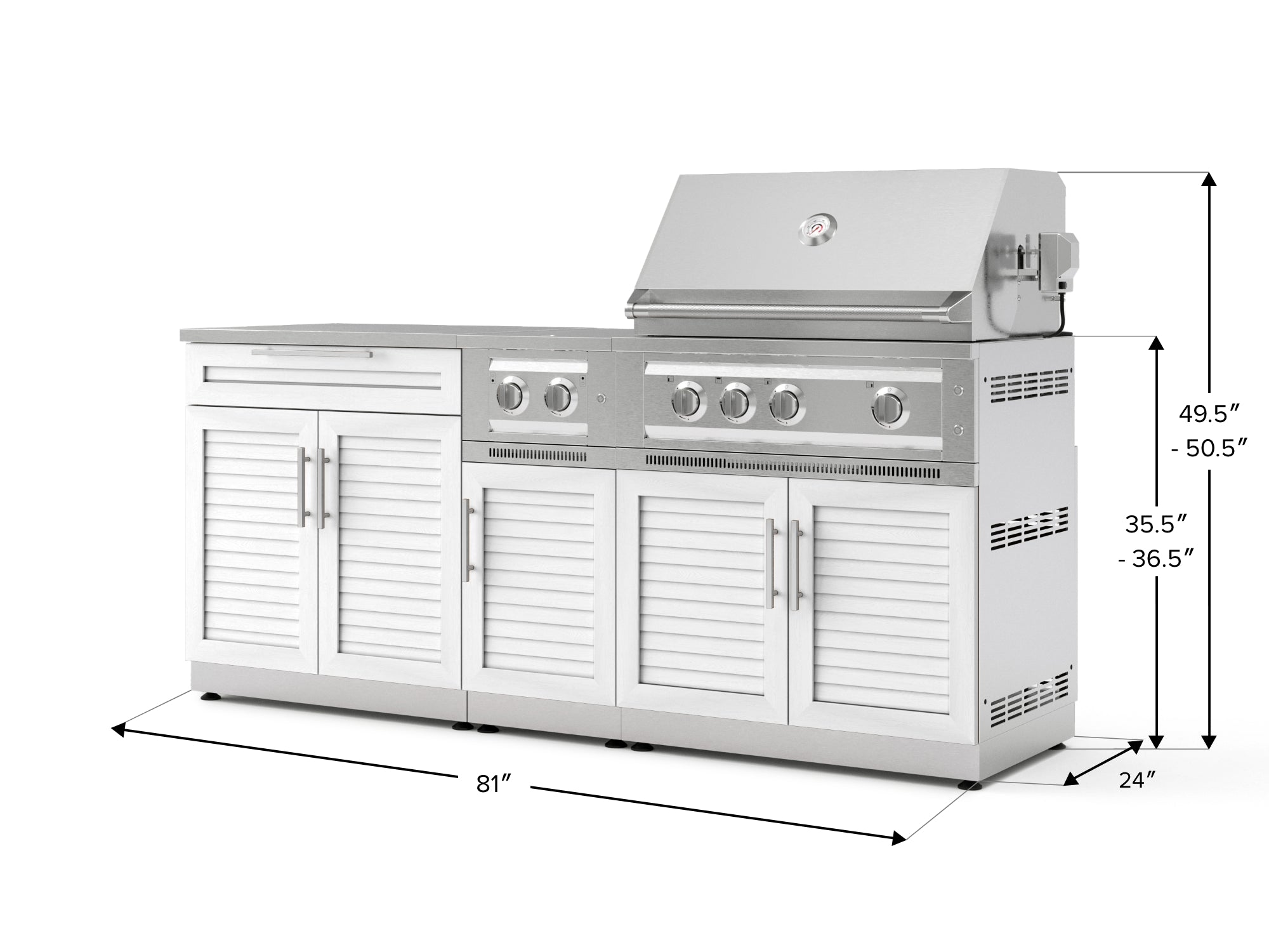 Outdoor Kitchen Stainless Steel Louvered Doors 6-Piece Cabinet Set with Platinum Grill, Dual Side Burner, Bar and Grill Cabinet, Stainless Steel Countertop