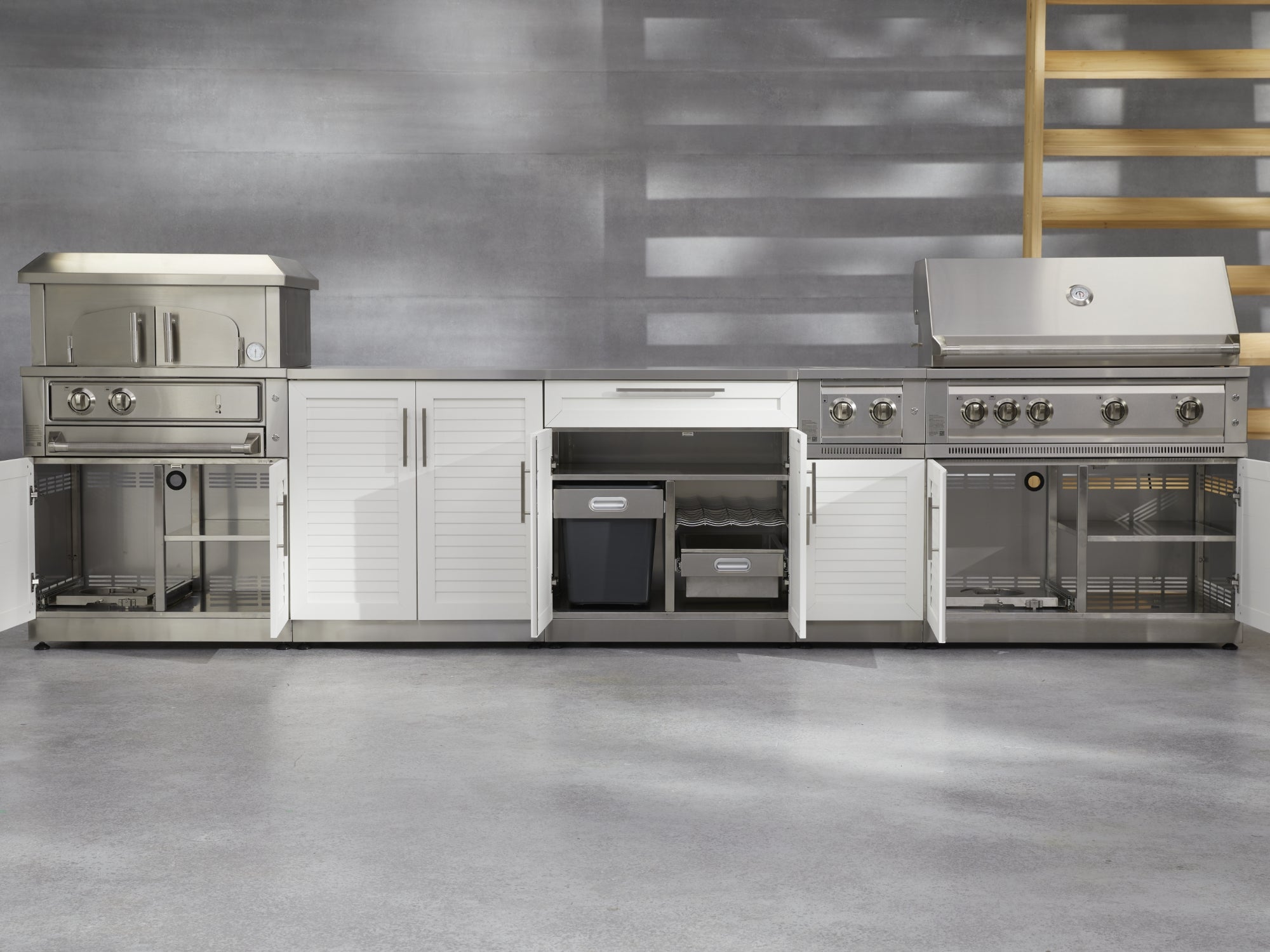 Outdoor Kitchen Stainless Steel Louvered Doors 6-Piece Cabinet Set with Platinum Grill, Dual Side Burner, Bar and Grill Cabinet, Stainless Steel Countertop