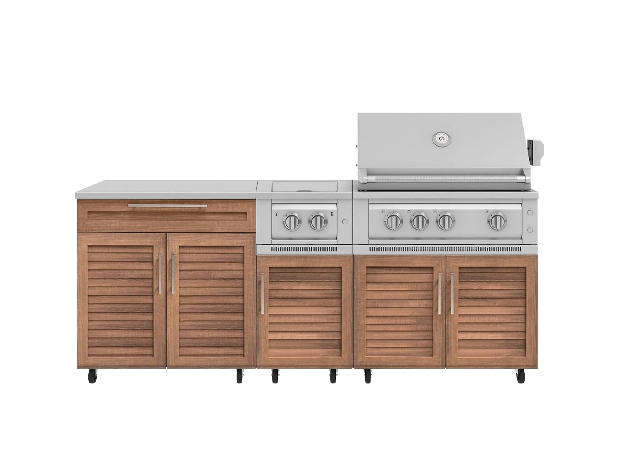 Outdoor Kitchen Louvered Stainless Steel 6 Piece Cabinet Set with Casters and Platinum Grill, Dual Side Burner, Bar, Grill Cabinet, Countertop