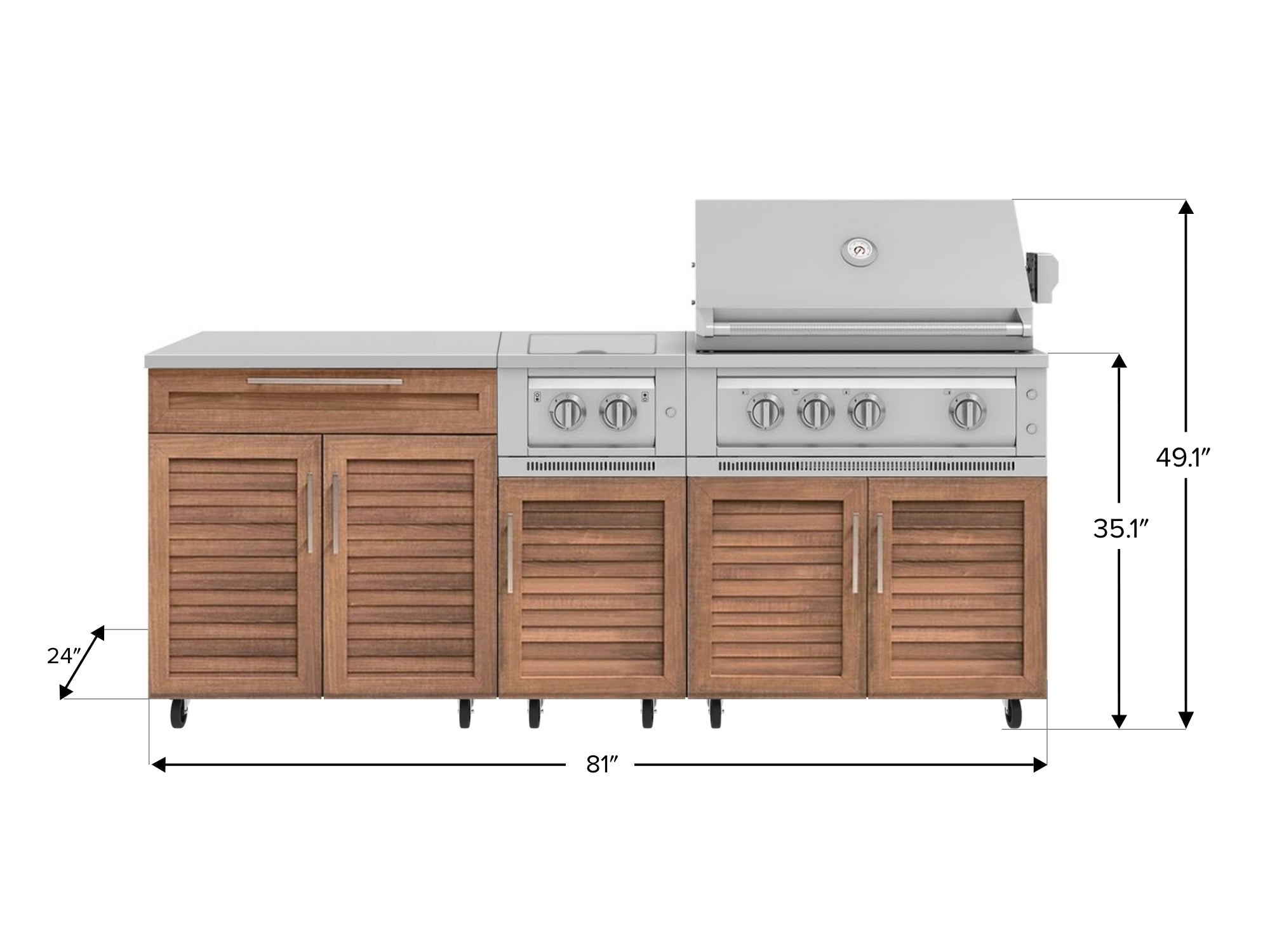 Outdoor Kitchen Louvered Stainless Steel 6 Piece Cabinet Set with Casters and Platinum Grill, Dual Side Burner, Bar, Grill Cabinet, Countertop