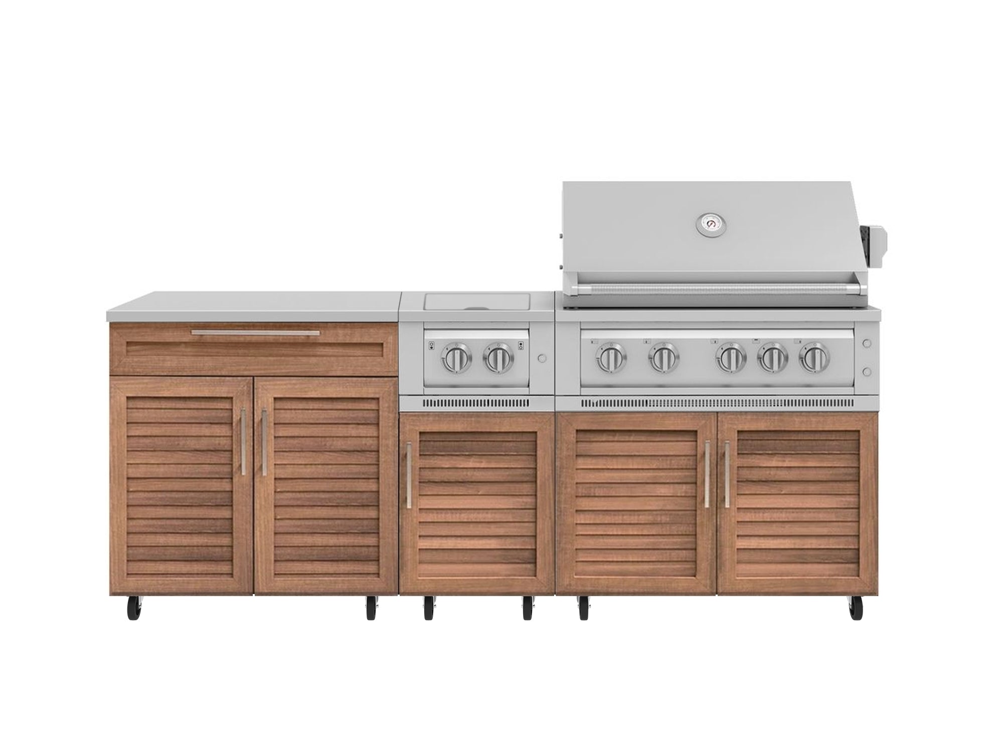 Outdoor Kitchen Louvered Stainless Steel 6 Piece Cabinet Set with Casters and Platinum Grill, Dual Side Burner, Bar, Grill Cabinet, Countertop