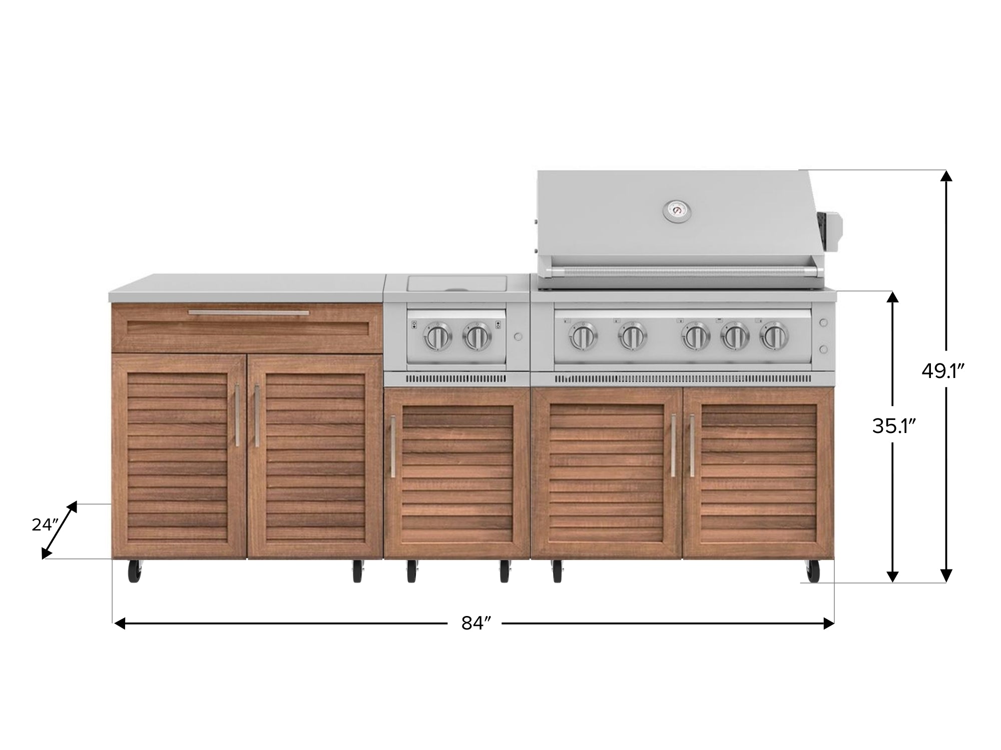 Outdoor Kitchen Louvered Stainless Steel 6 Piece Cabinet Set with Casters and Platinum Grill, Dual Side Burner, Bar, Grill Cabinet, Countertop