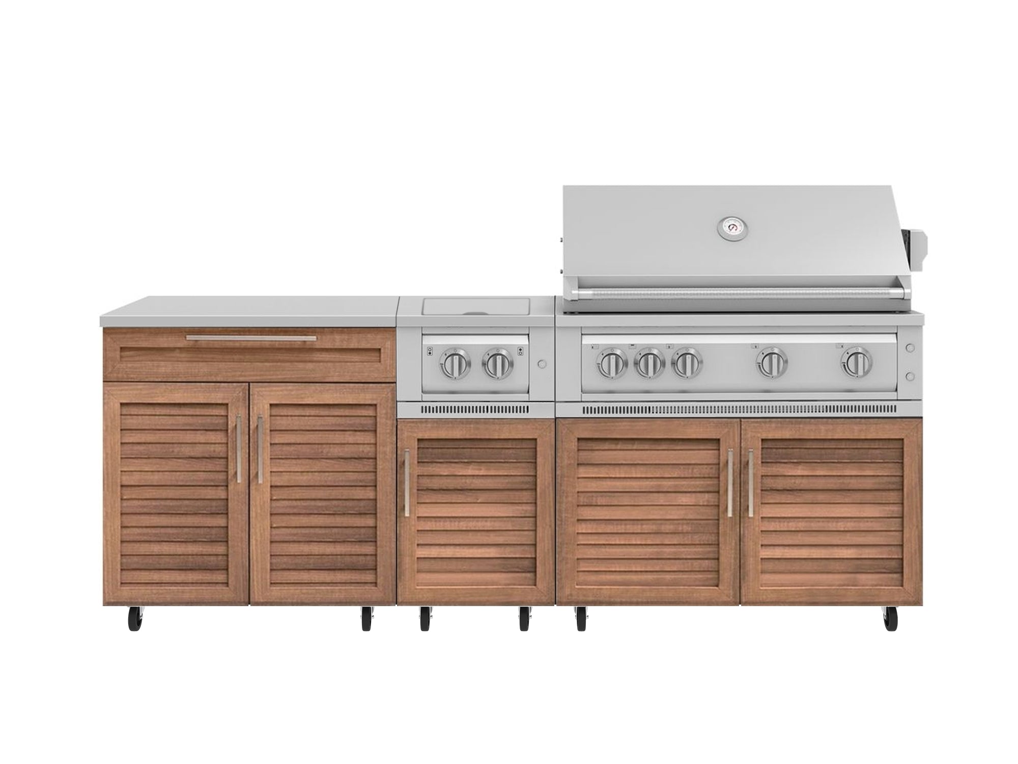Outdoor Kitchen Louvered Stainless Steel 6 Piece Cabinet Set with Casters and Platinum Grill, Dual Side Burner, Bar, Grill Cabinet, Countertop