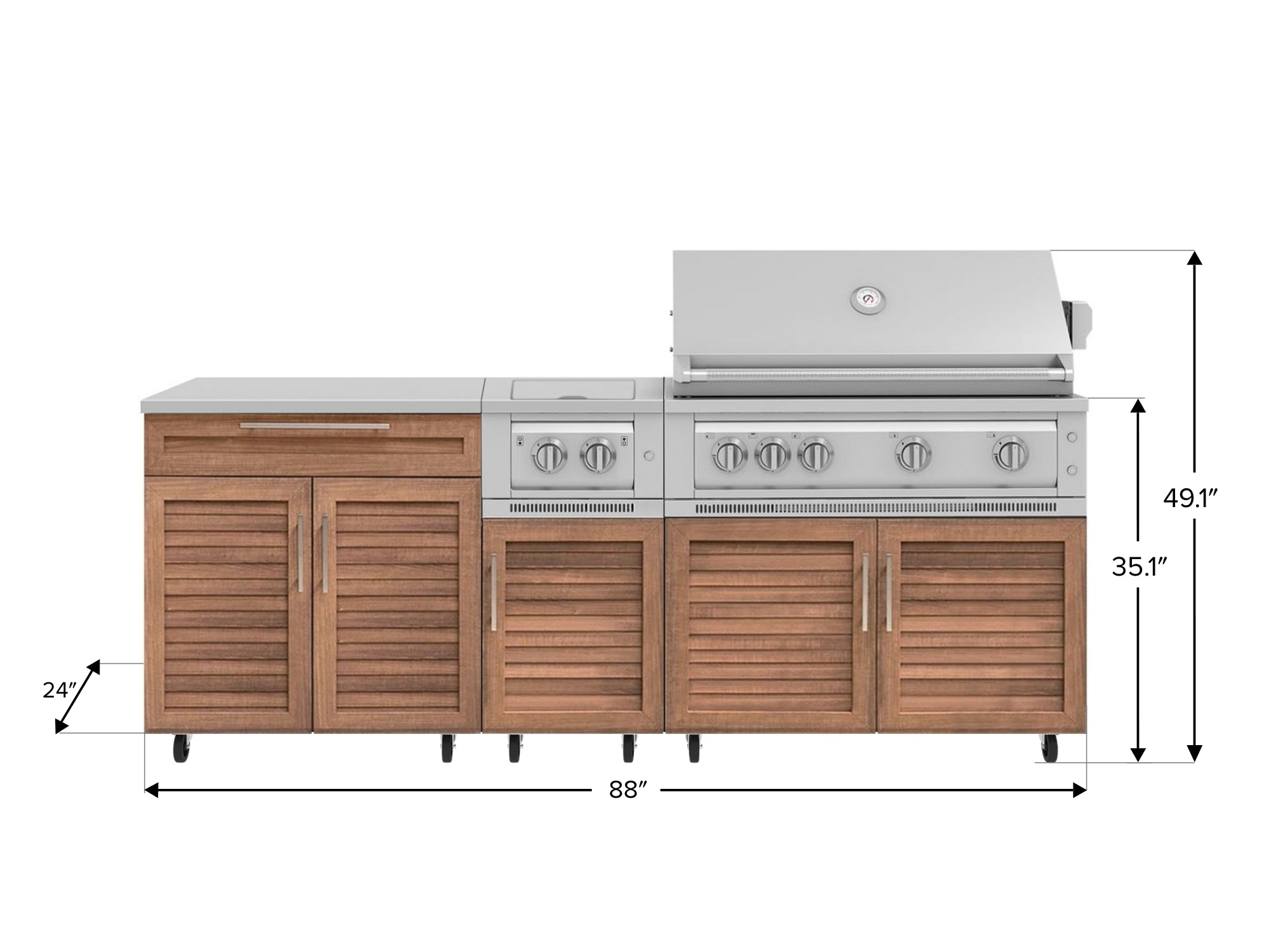Outdoor Kitchen Louvered Stainless Steel 6 Piece Cabinet Set with Casters and Platinum Grill, Dual Side Burner, Bar, Grill Cabinet, Countertop