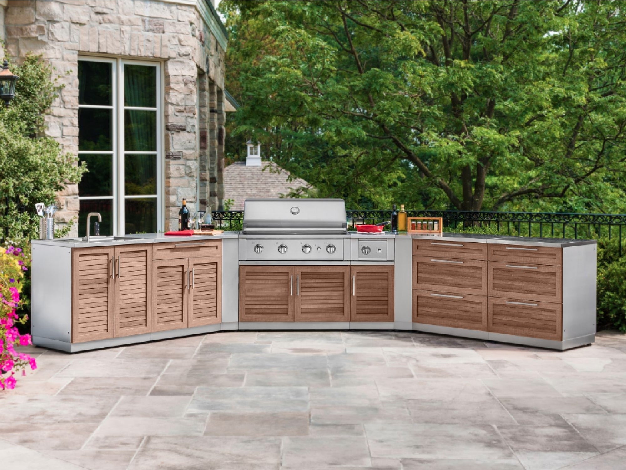 Outdoor Kitchen Louvered Stainless Steel 4 Piece Cabinet Set with Casters and 2 Door, Grill Cabinet, Platinum Grill, Countertop