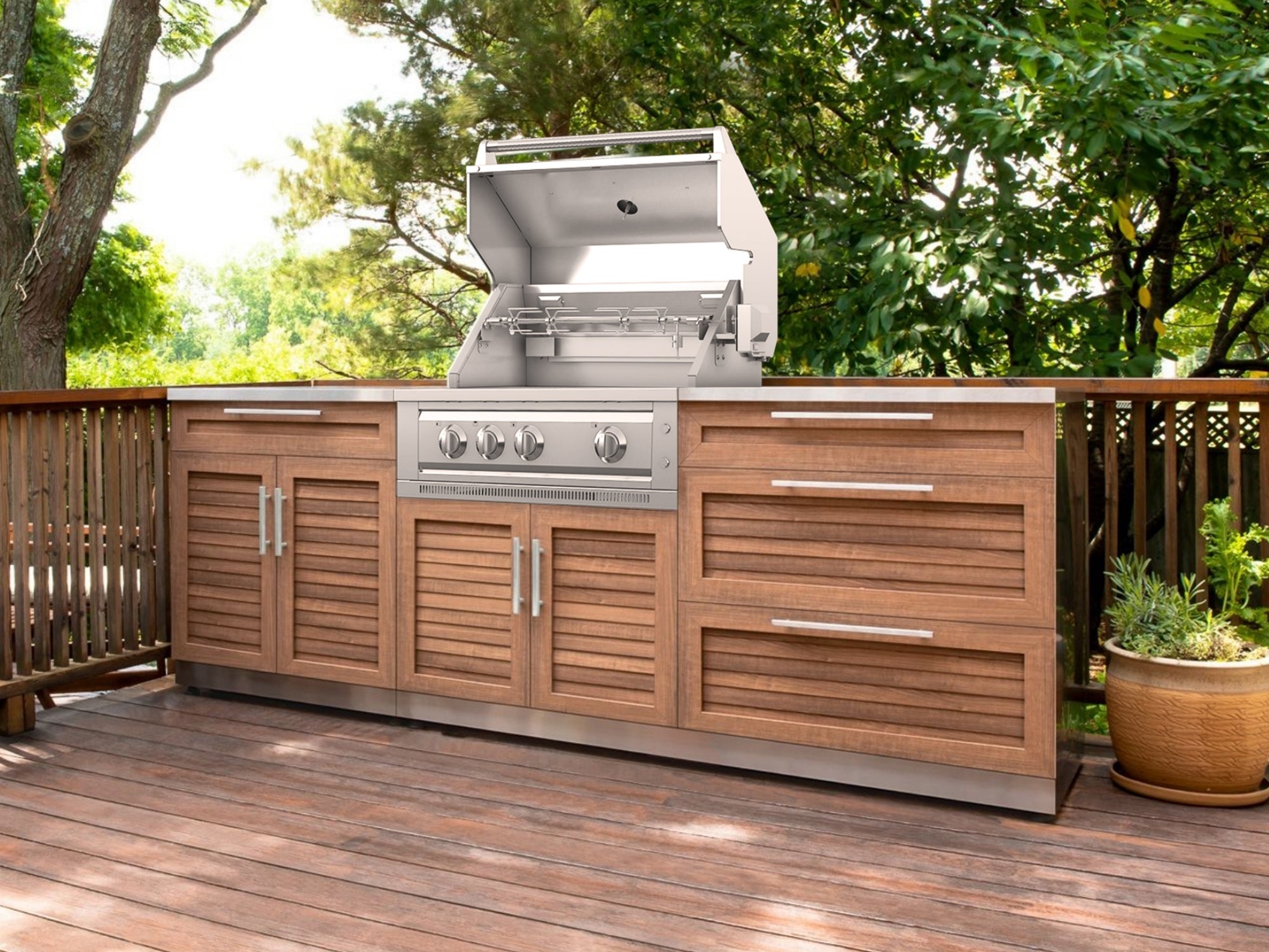 Outdoor Kitchen Louvered Stainless Steel 4 Piece Cabinet Set with Casters and 2 Door, Grill Cabinet, Platinum Grill, Countertop