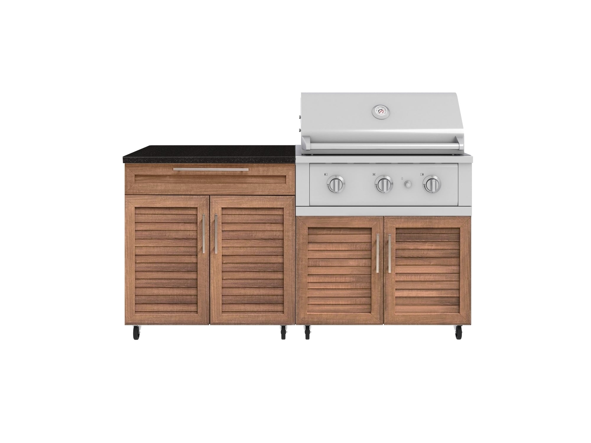 Outdoor Kitchen Louvered Stainless Steel 4 Piece Cabinet Set with Casters and Bar, Grill Cabinet, Platinum Grill, and Countertop