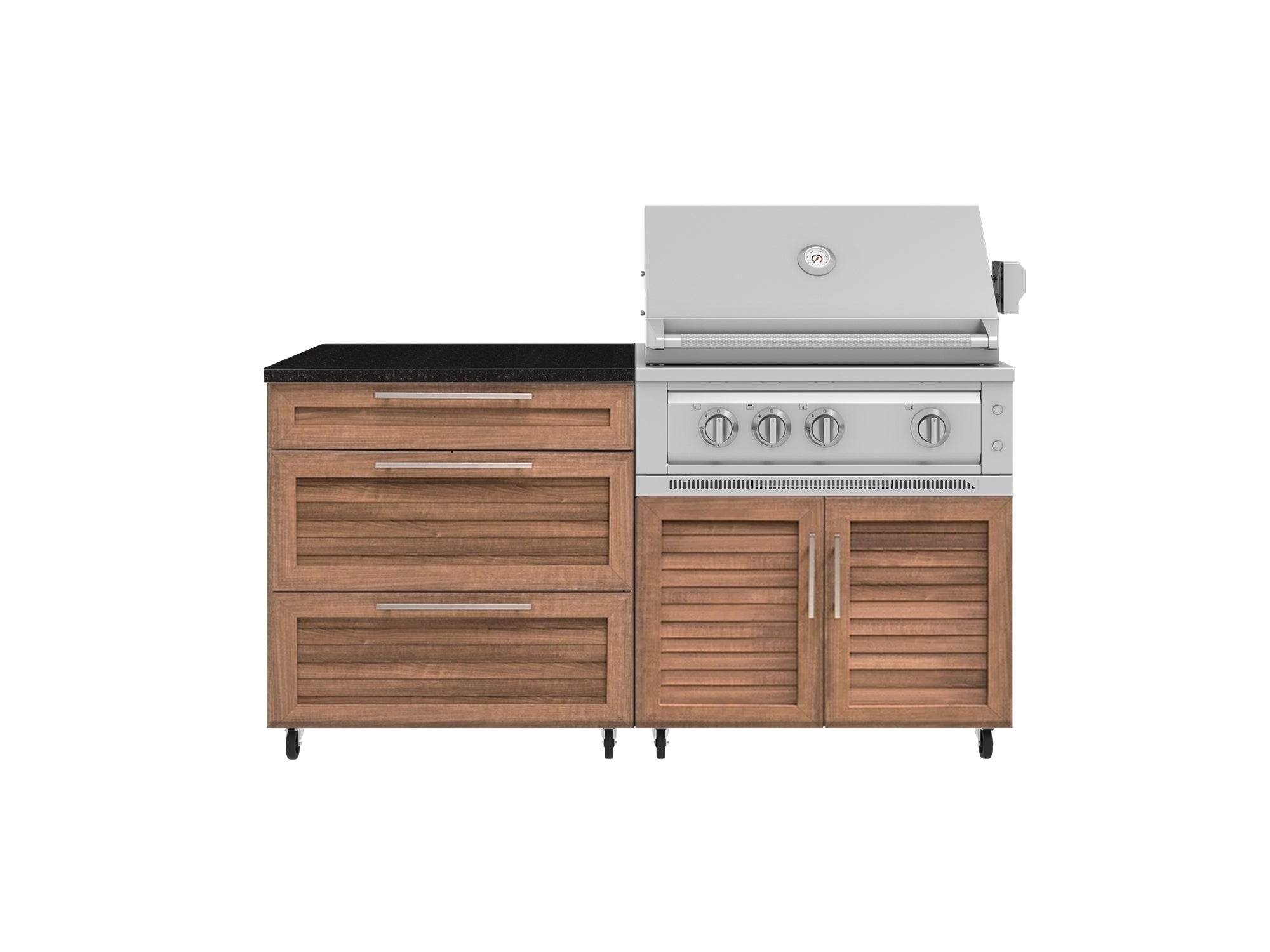 Outdoor Kitchen Louvered Stainless Steel 4 Piece Cabinet set with Casters and 3 Drawer, Grill Cabinet, Platinum Grill, Countertop