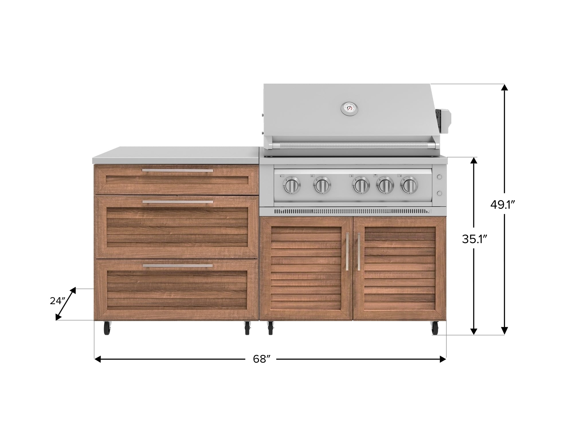 Outdoor Kitchen Louvered Stainless Steel 4 Piece Cabinet set with Casters and 3 Drawer, Grill Cabinet, Platinum Grill, Countertop