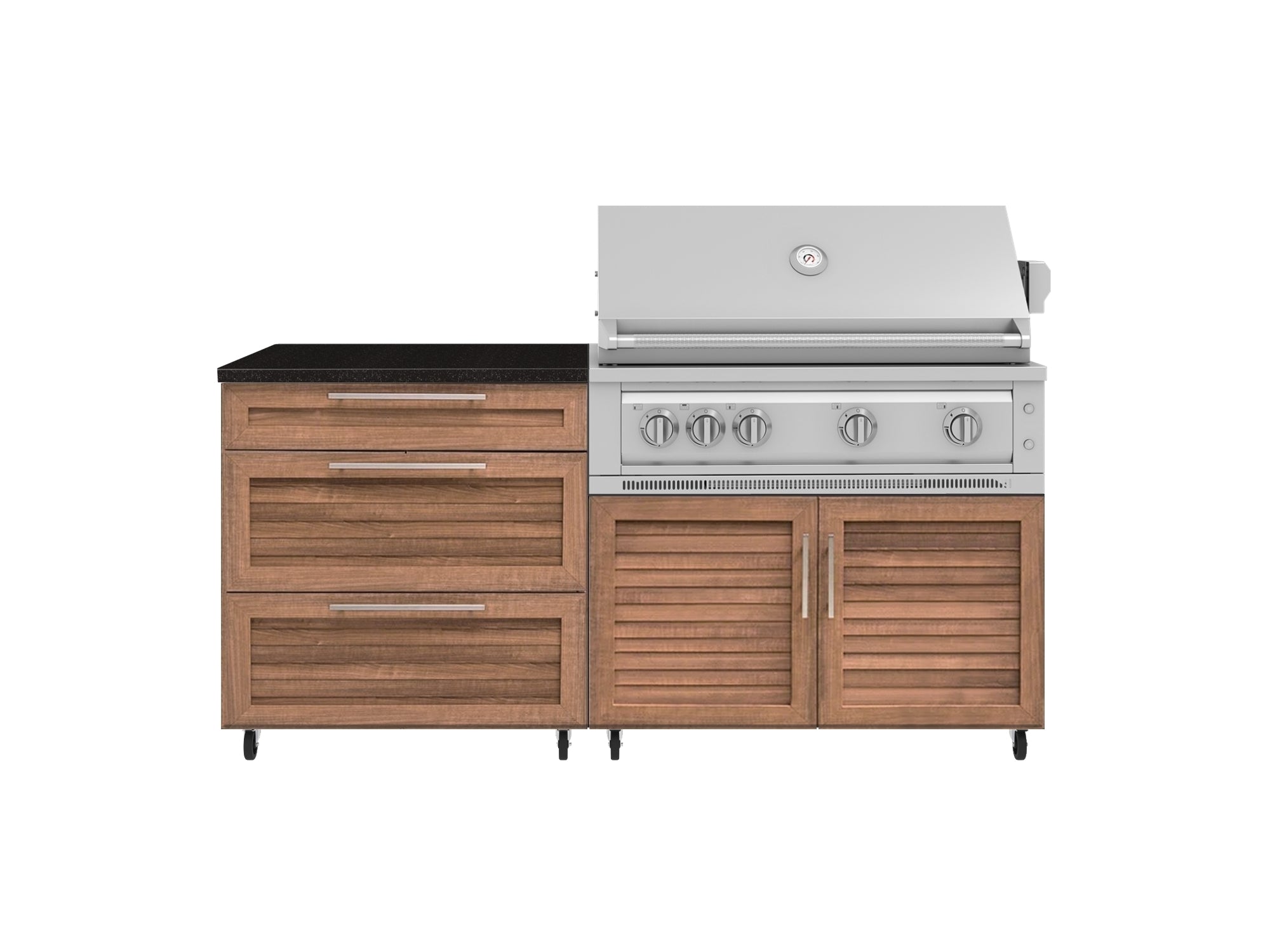 Outdoor Kitchen Louvered Stainless Steel 4 Piece Cabinet set with Casters and 3 Drawer, Grill Cabinet, Platinum Grill, Countertop