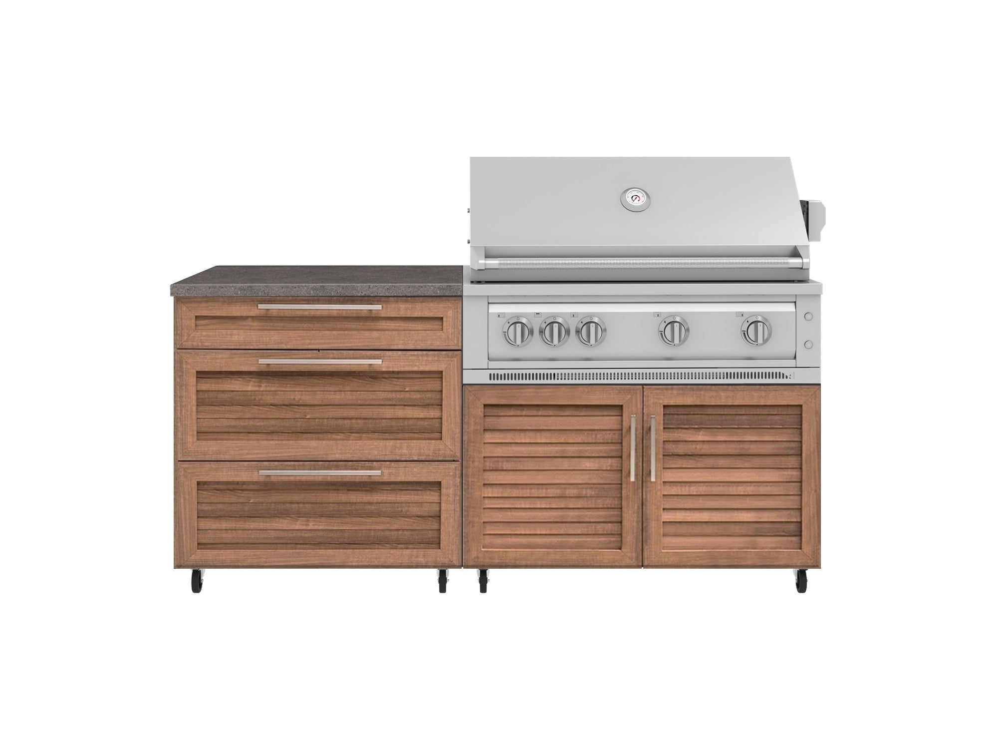 Outdoor Kitchen Louvered Stainless Steel 4 Piece Cabinet set with Casters and 3 Drawer, Grill Cabinet, Platinum Grill, Countertop