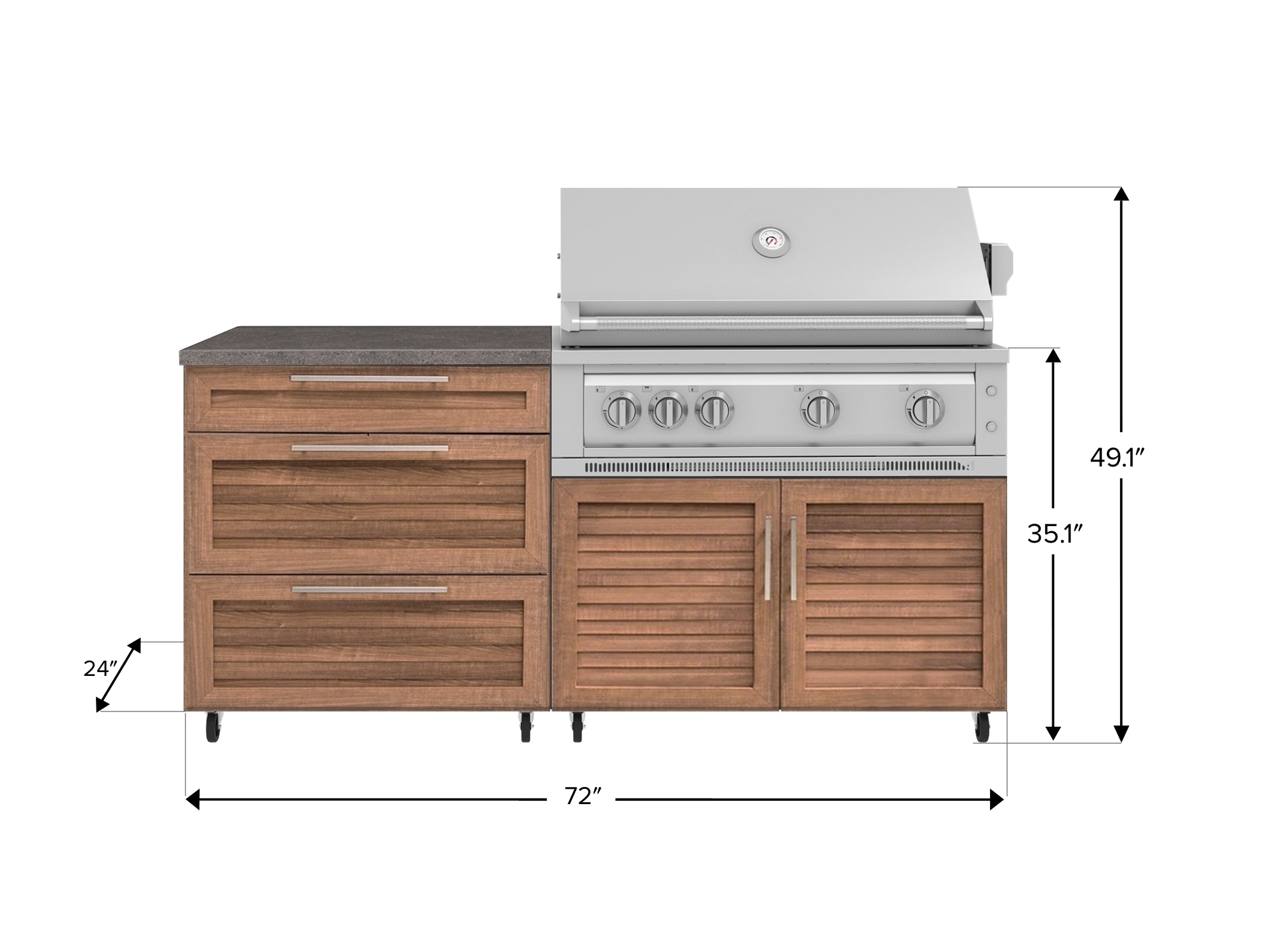 Outdoor Kitchen Louvered Stainless Steel 4 Piece Cabinet set with Casters and 3 Drawer, Grill Cabinet, Platinum Grill, Countertop