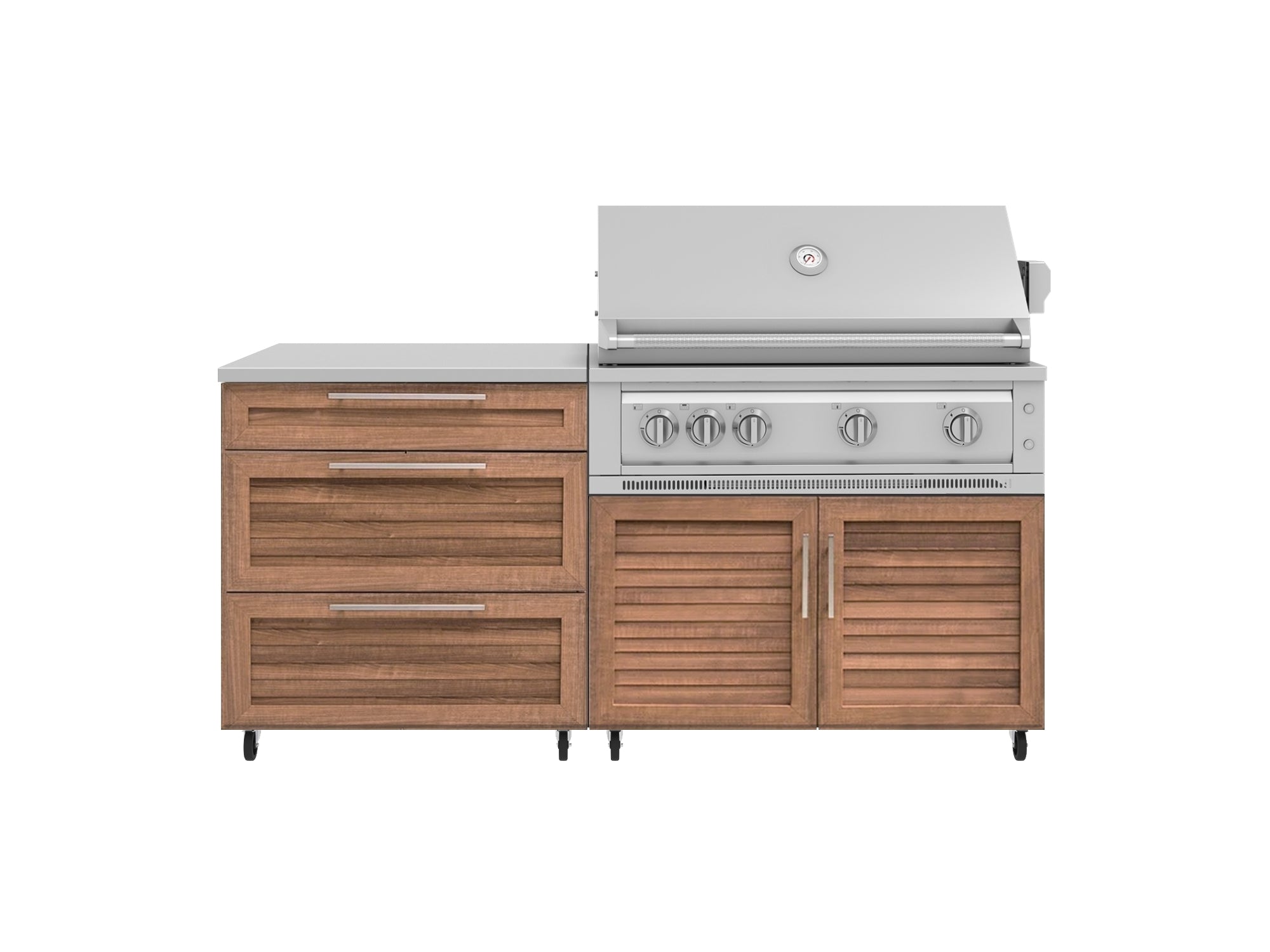 Outdoor Kitchen Louvered Stainless Steel 4 Piece Cabinet set with Casters and 3 Drawer, Grill Cabinet, Platinum Grill, Countertop