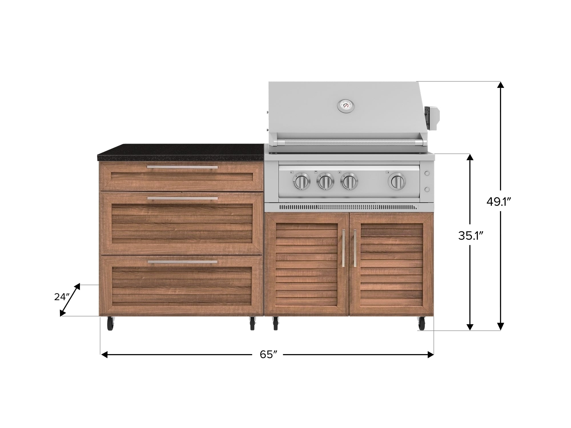 Outdoor Kitchen Louvered Stainless Steel 4 Piece Cabinet set with Casters and 3 Drawer, Grill Cabinet, Platinum Grill, Countertop