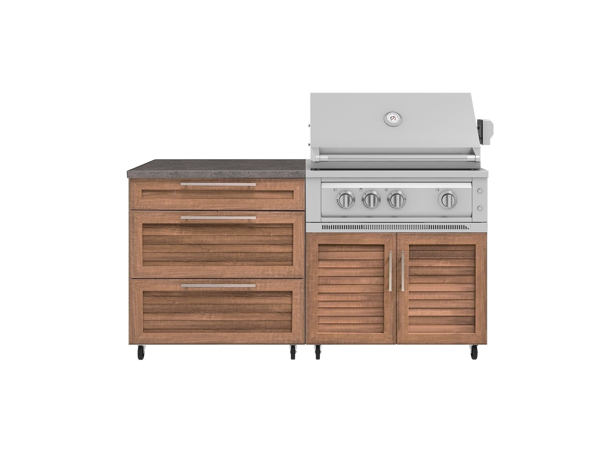 Outdoor Kitchen Louvered Stainless Steel 4 Piece Cabinet set with Casters and 3 Drawer, Grill Cabinet, Platinum Grill, Countertop