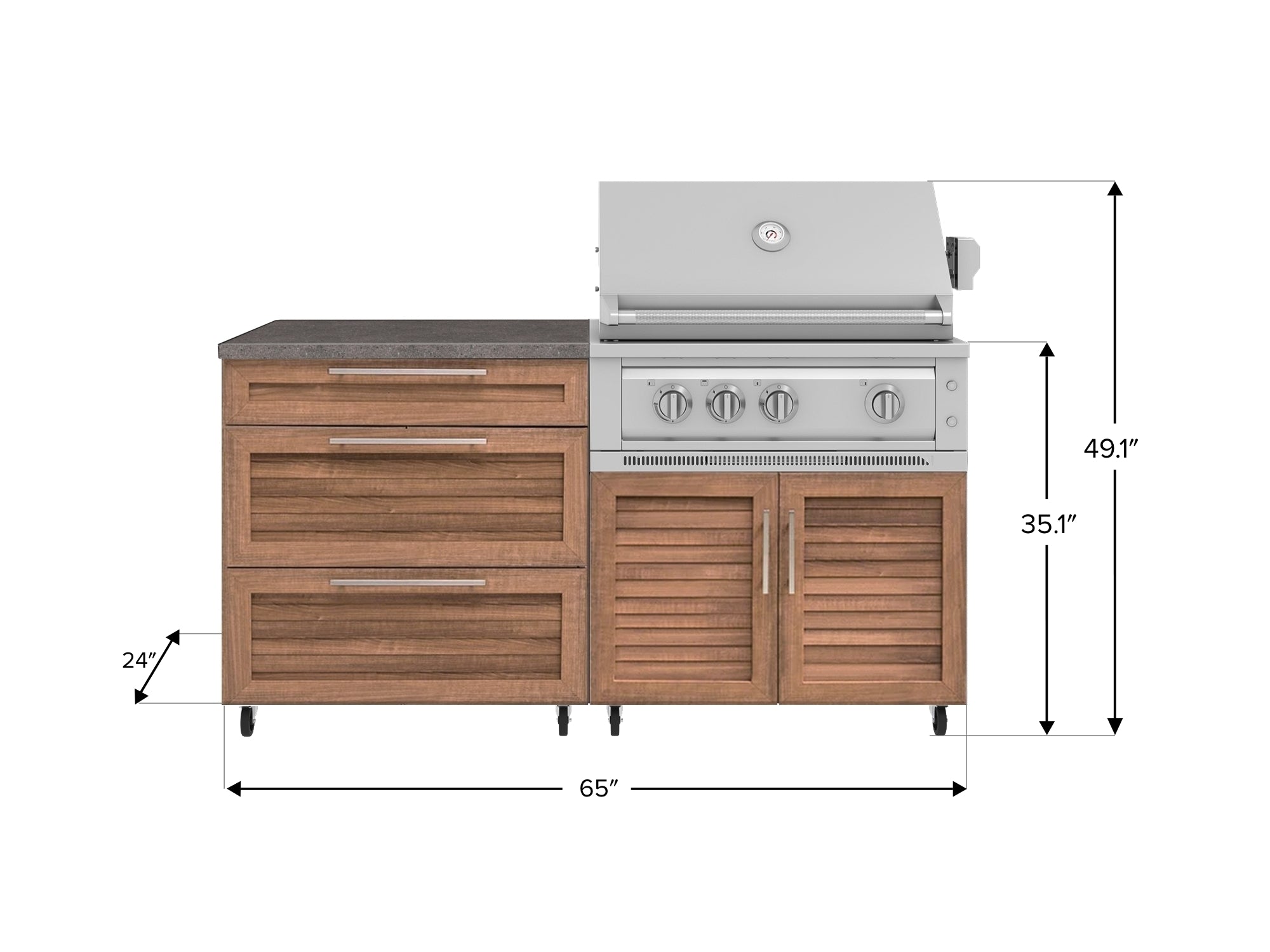 Outdoor Kitchen Louvered Stainless Steel 4 Piece Cabinet set with Casters and 3 Drawer, Grill Cabinet, Platinum Grill, Countertop