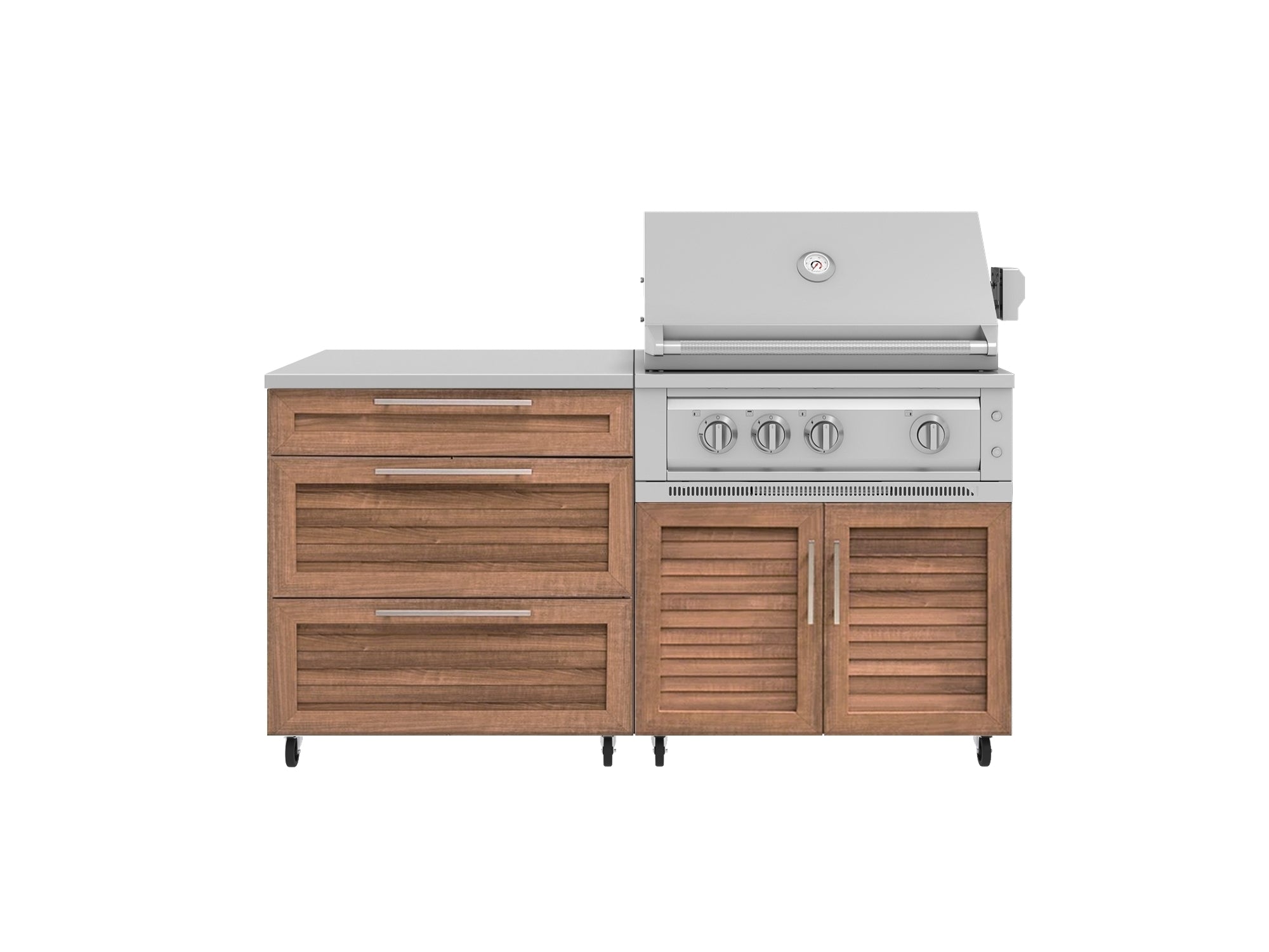 Outdoor Kitchen Louvered Stainless Steel 4 Piece Cabinet set with Casters and 3 Drawer, Grill Cabinet, Platinum Grill, Countertop